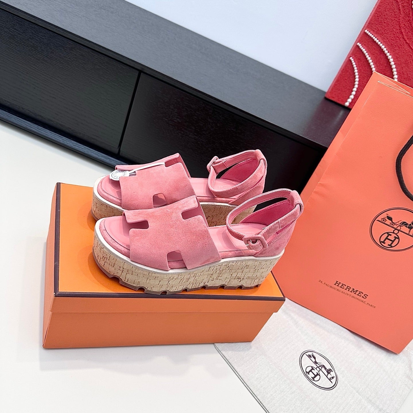 HM 26ss Platform Wedge Sandals 70 Pink Suede 622756