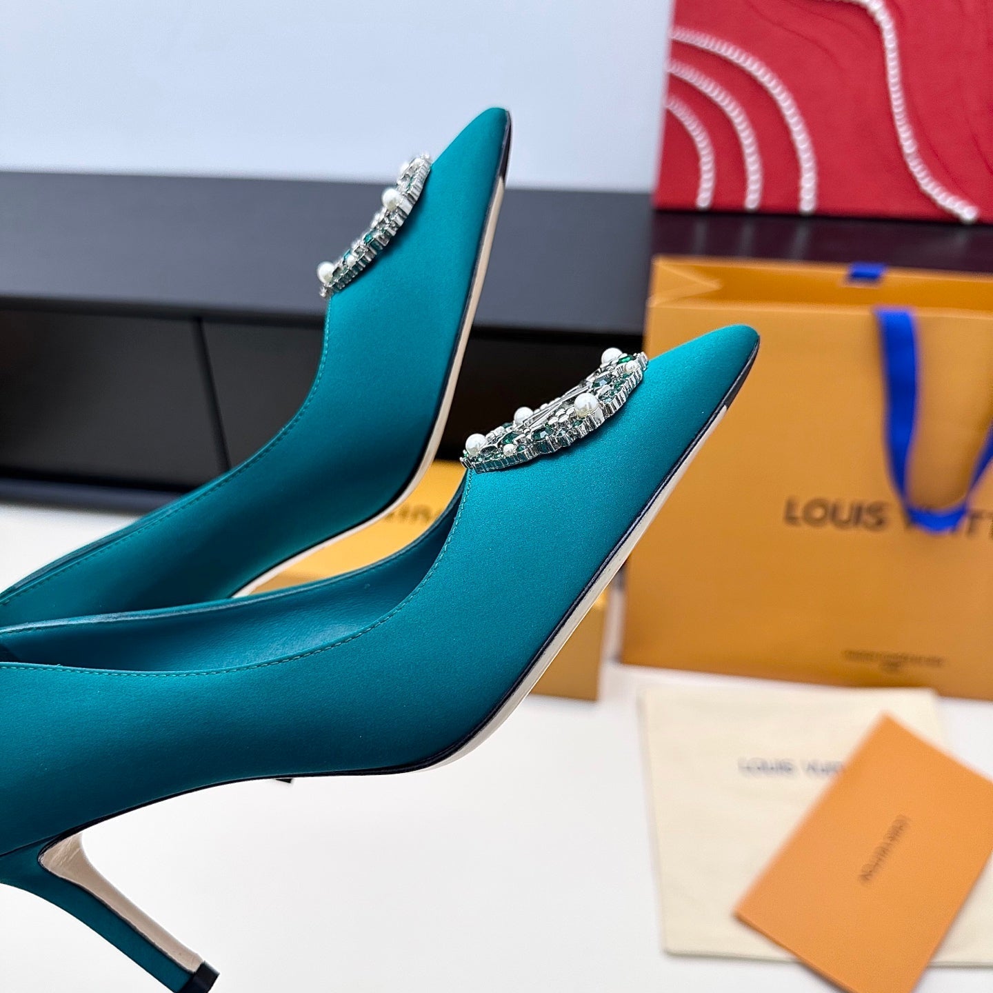 LV 26s  Pointed-Toe High Heels 75 Teal Blue Premium Satin 622438