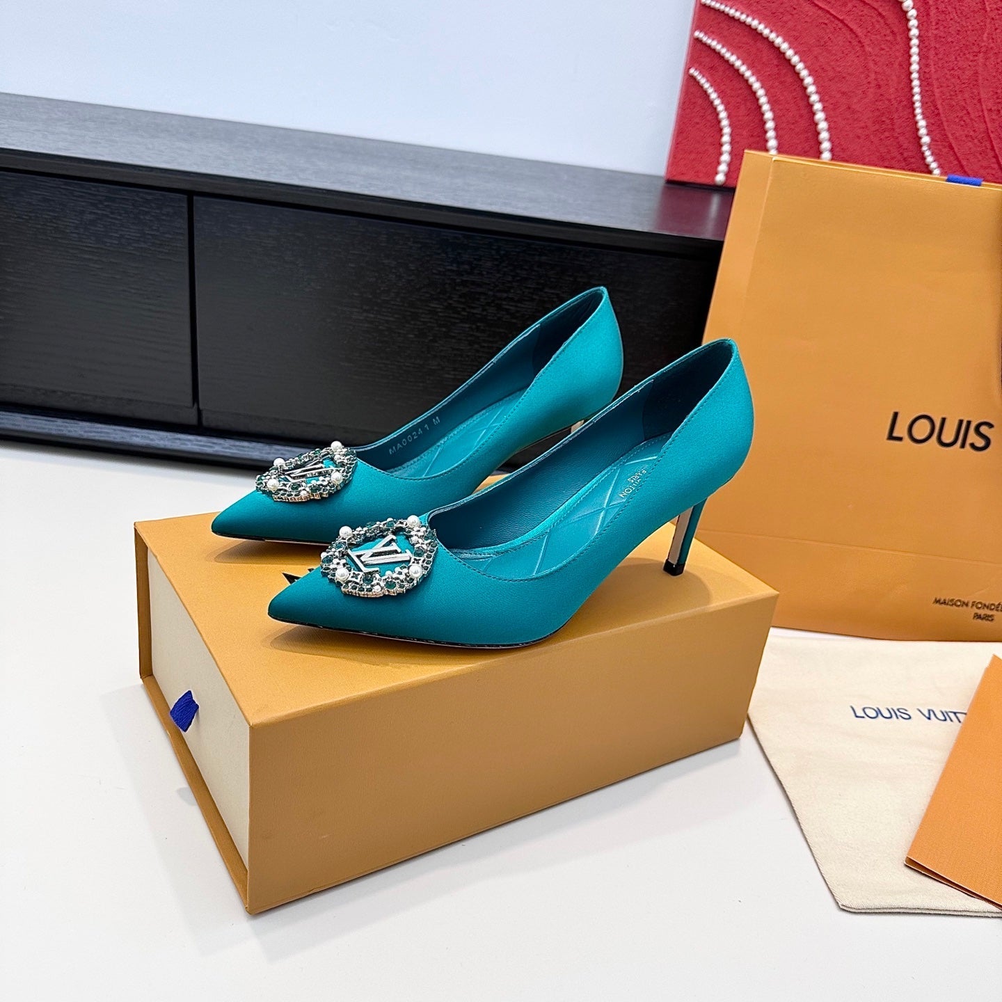 LV 26s  Pointed-Toe High Heels 75 Teal Blue Premium Satin 622438