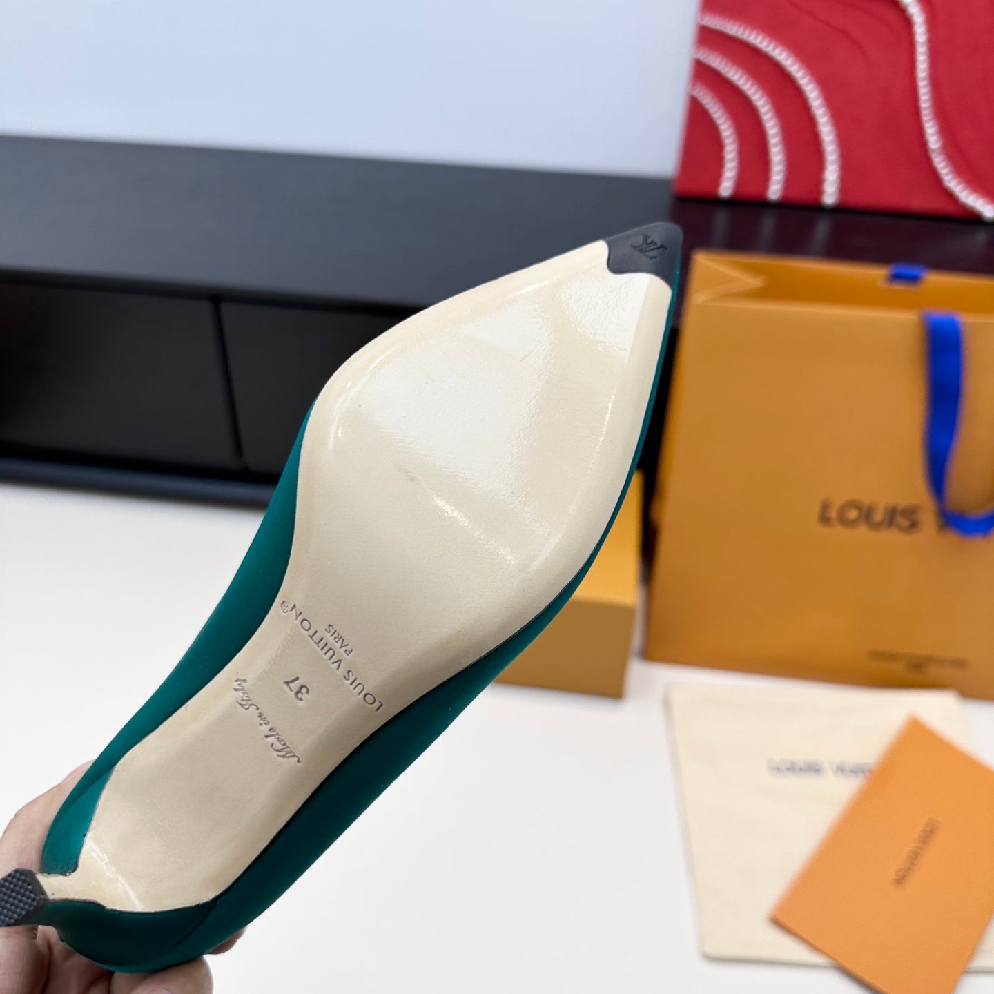 LV 26s  Pointed-Toe High Heels 75 Teal Blue Premium Satin 622438