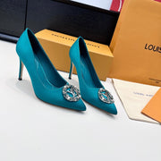 LV 26s  Pointed-Toe High Heels 95 Teal Blue Premium Satin 622439