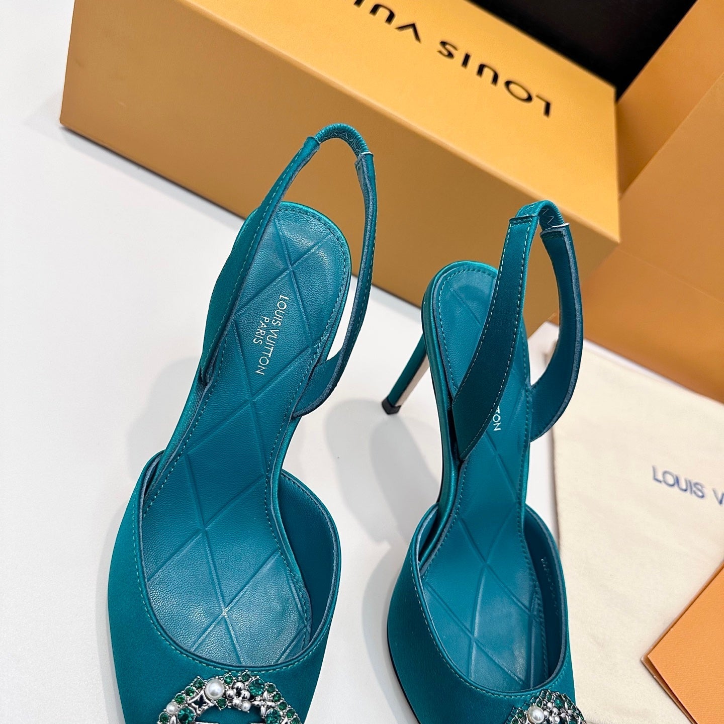 LV 26s  Slingback 95 Teal Blue Premium Satin 622441