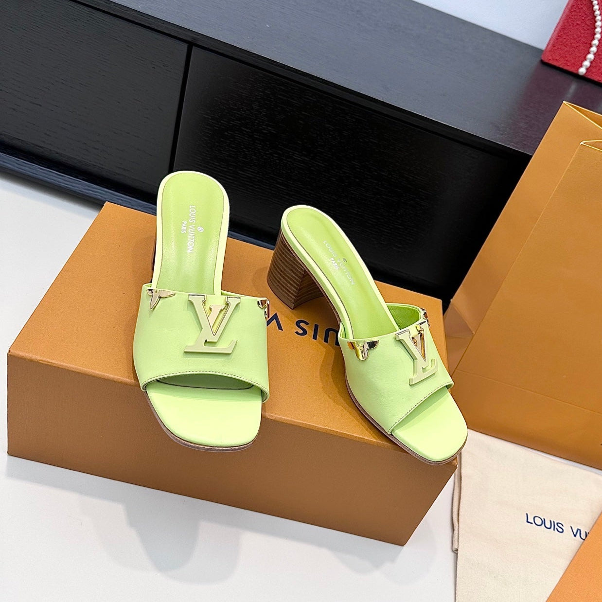 LV 26s High Heels 65 Sandals Light Mint Green Calfskin 622406