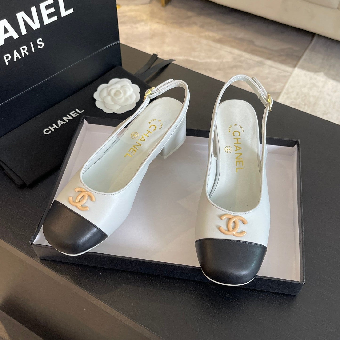 cc slingback 50 white black calfskin