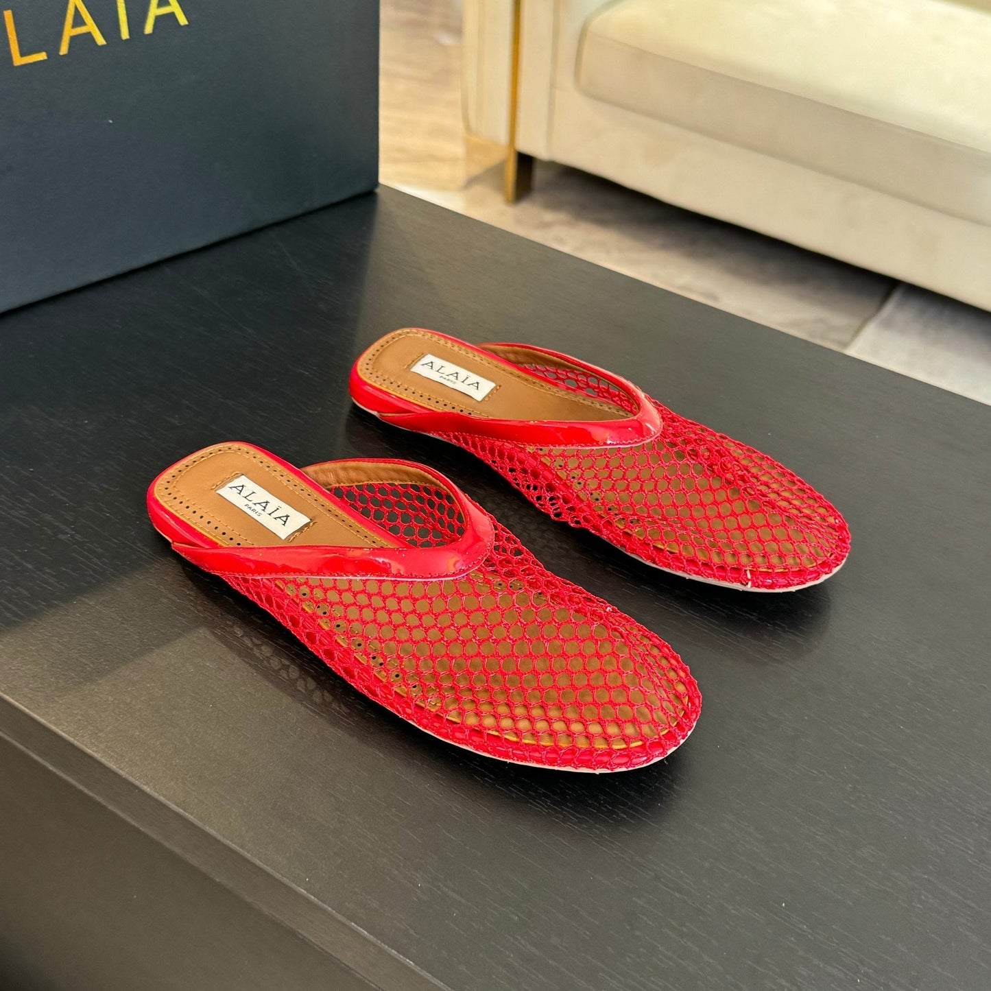 flat mule fishnet red lambskin
