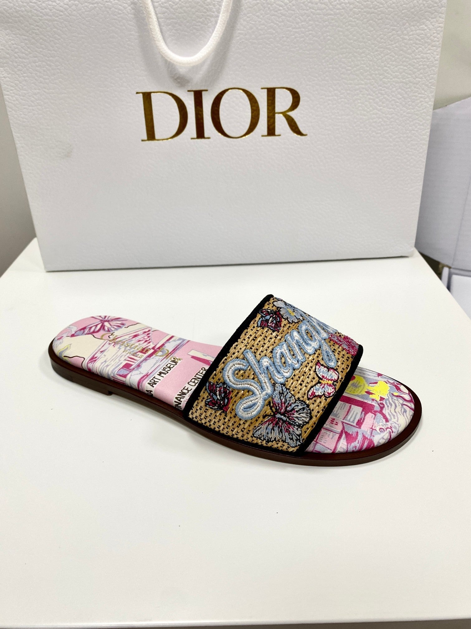 CD 26s Embroidered Sandals Pink Beige Multicolor Canvas Leather 683005