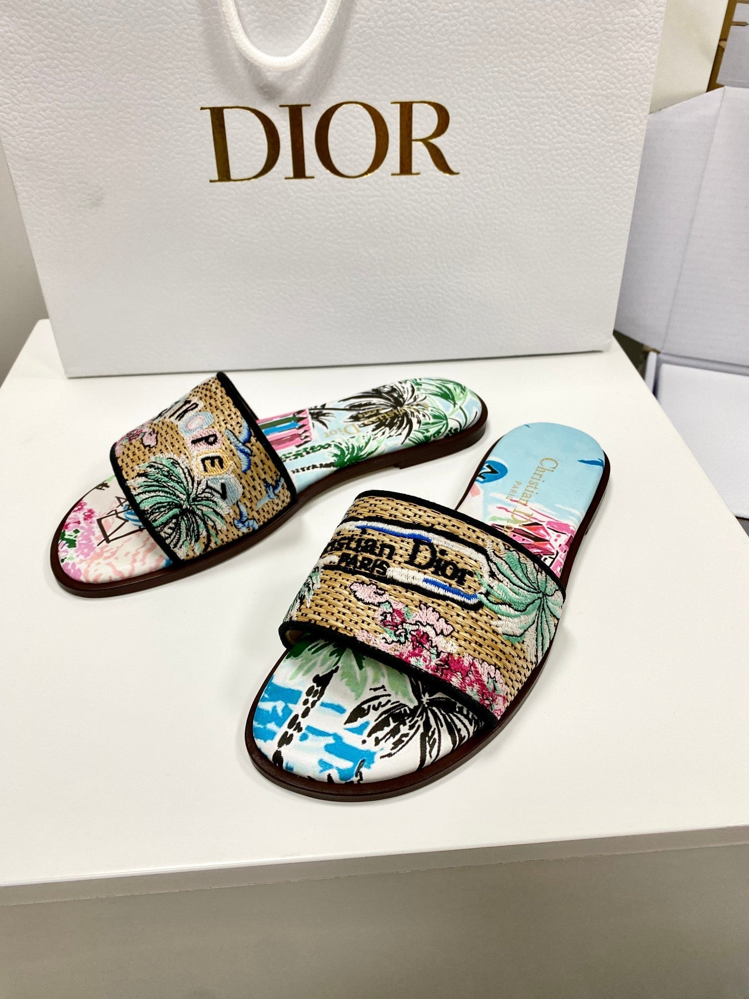 CD 26s Embroidered Sandals Blue Multicolor Canvas Leather 683006