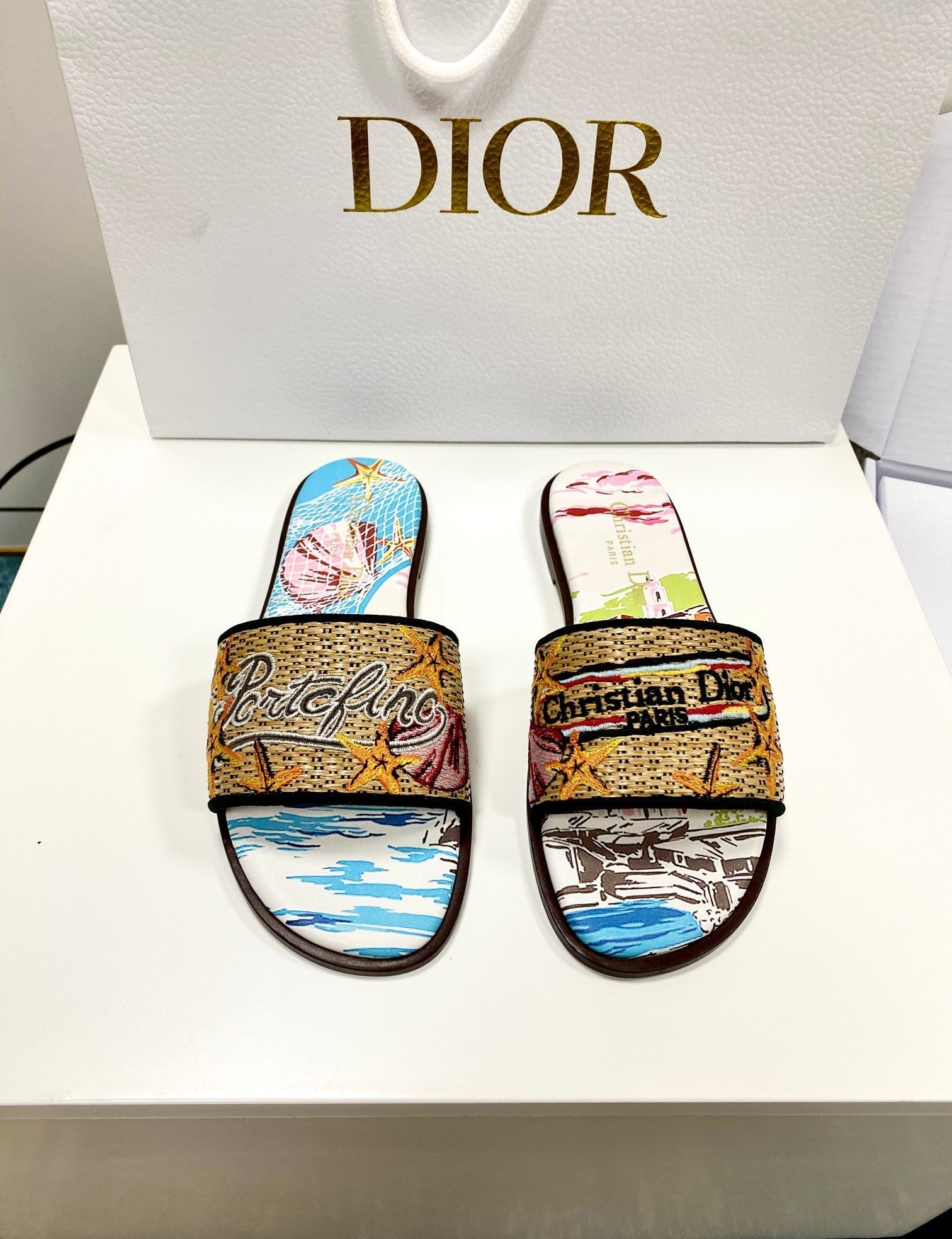 CD 26s Embroidered Sandals Blue Beige Multicolor Canvas Leather 683007