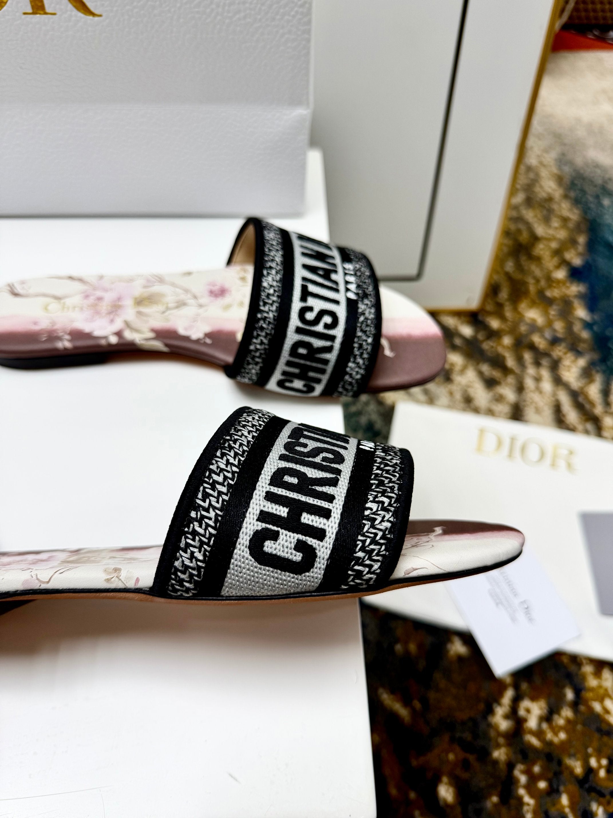 CD 26s Embroidered Sandals Black White Burgundy Canvas Leather 683021