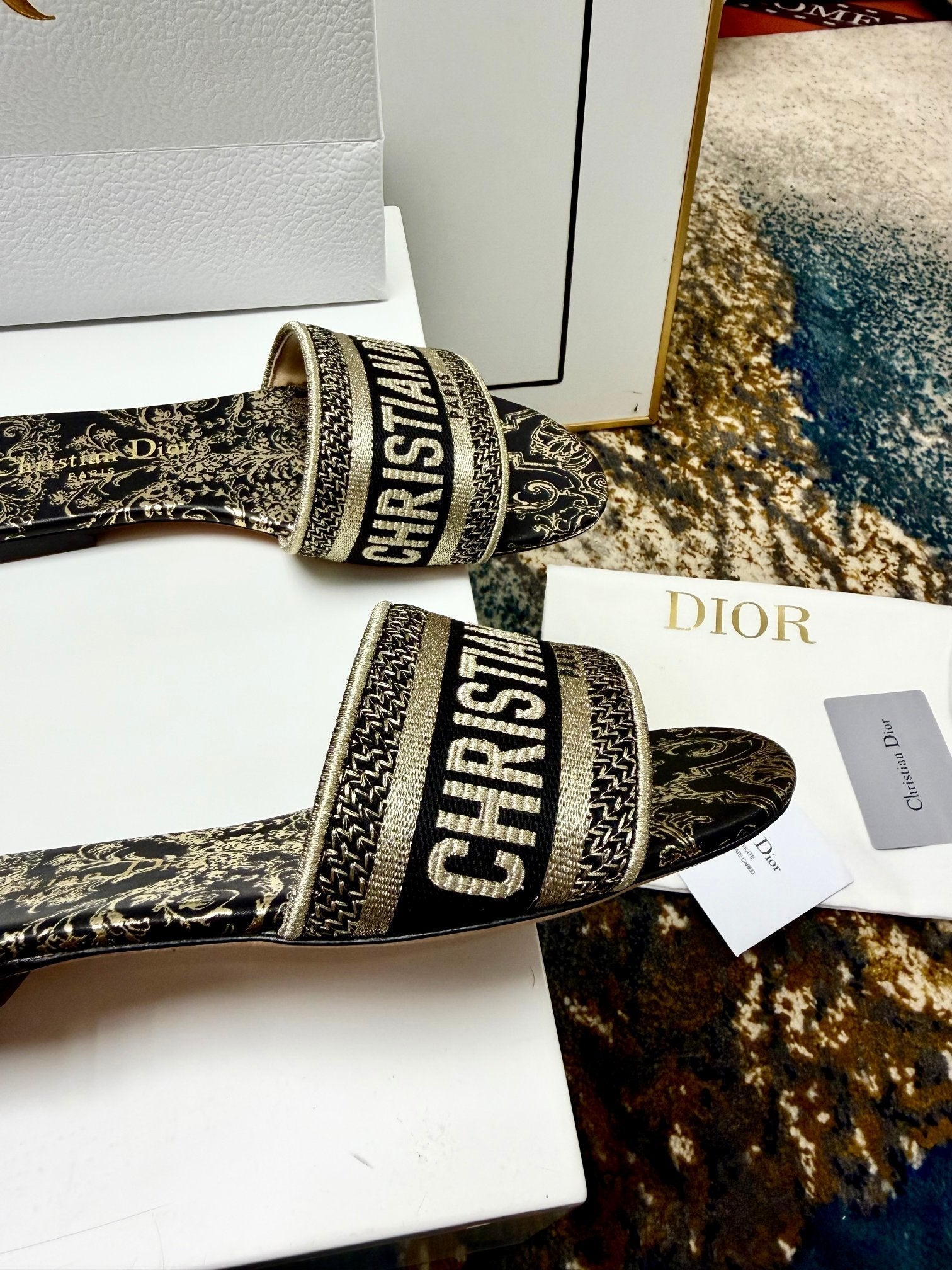 CD 26s Embroidered Sandals Black Gold Genuine Leather 683025