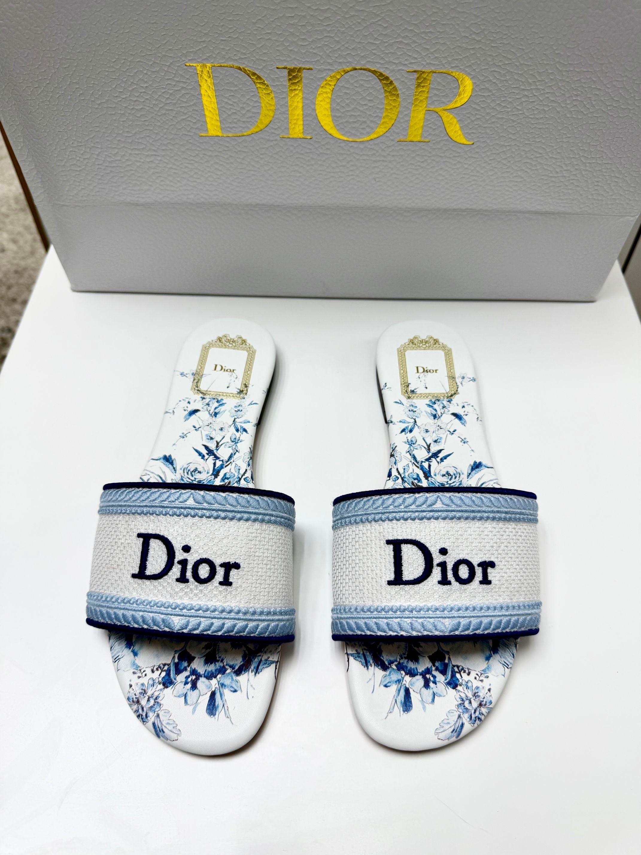 CD 26s Floral Embroidered Sandals White Blue Canvas 683028