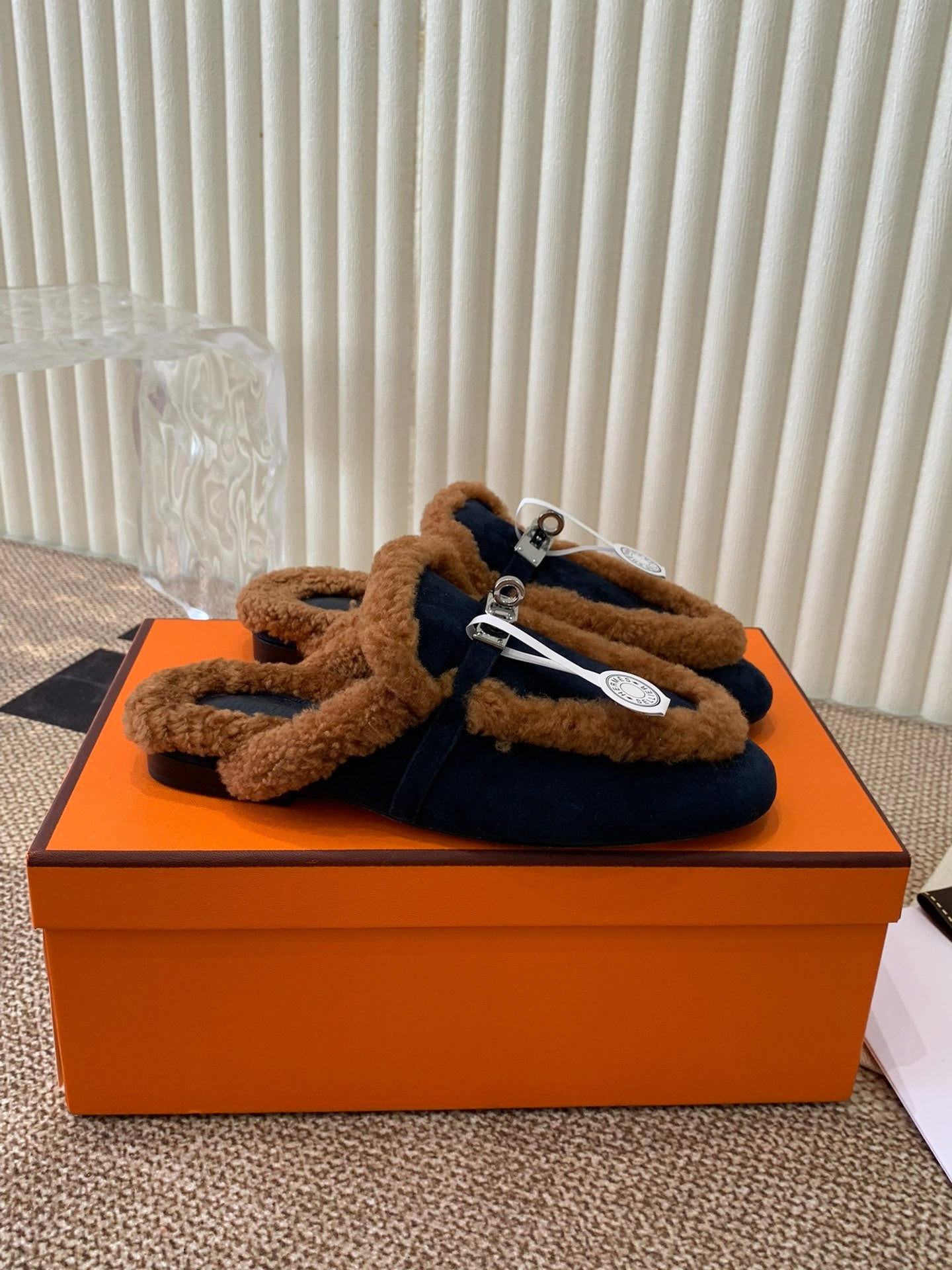 HM Oz Mule In Navy Blue mix Brown Suede Lined With Wool Fleece 113195