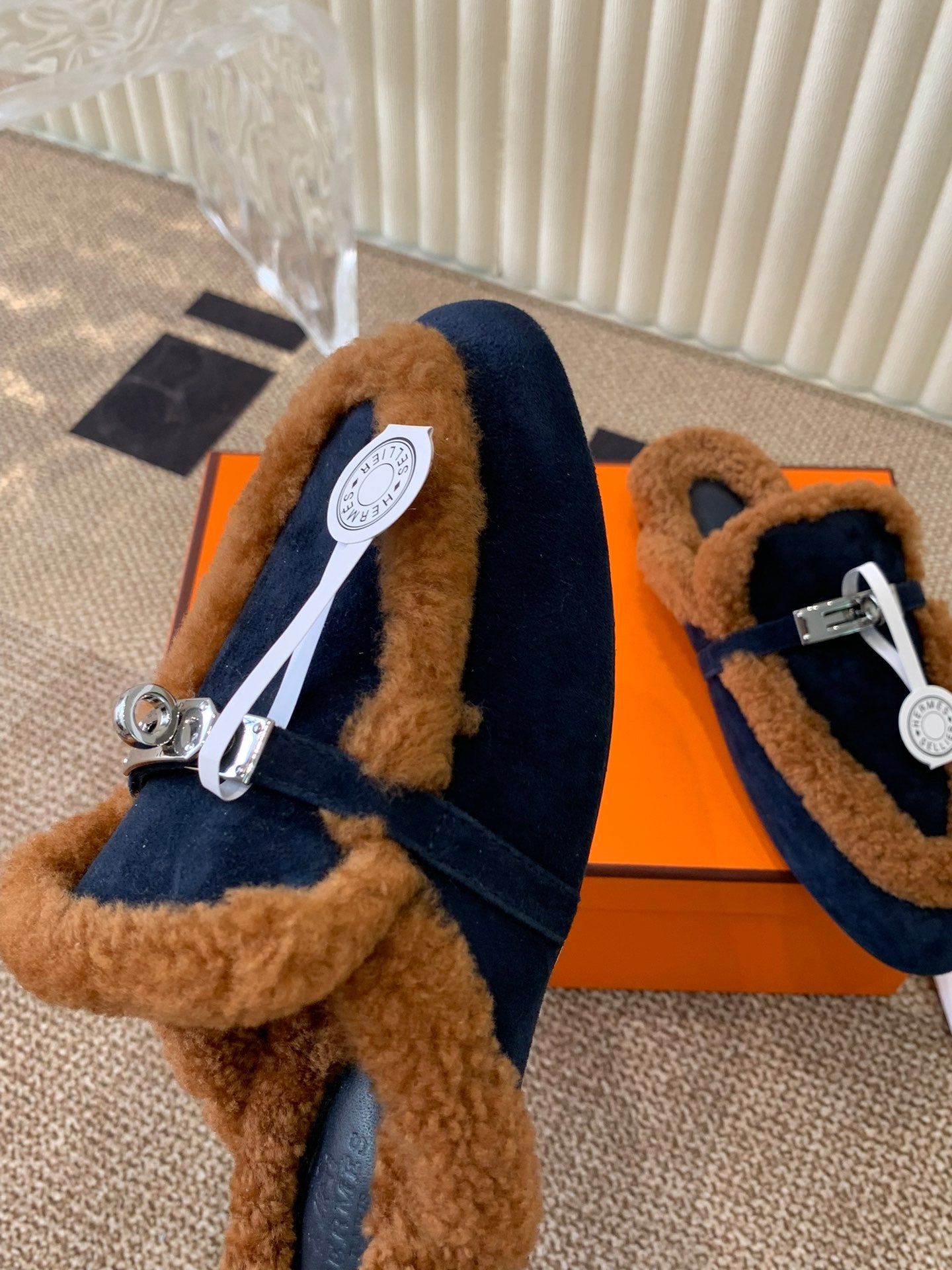 HM Oz Mule In Navy Blue mix Brown Suede Lined With Wool Fleece 113195
