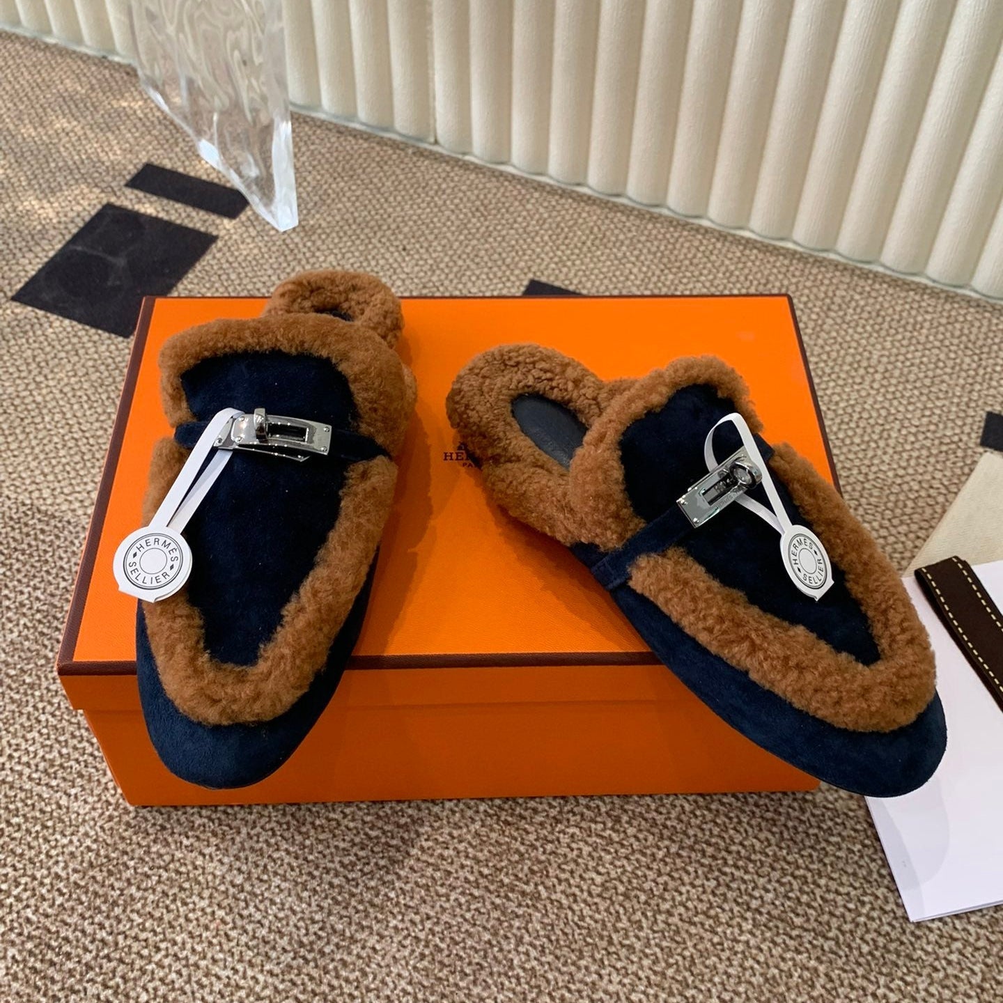 HM Oz Mule In Navy Blue mix Brown Suede Lined With Wool Fleece 113195