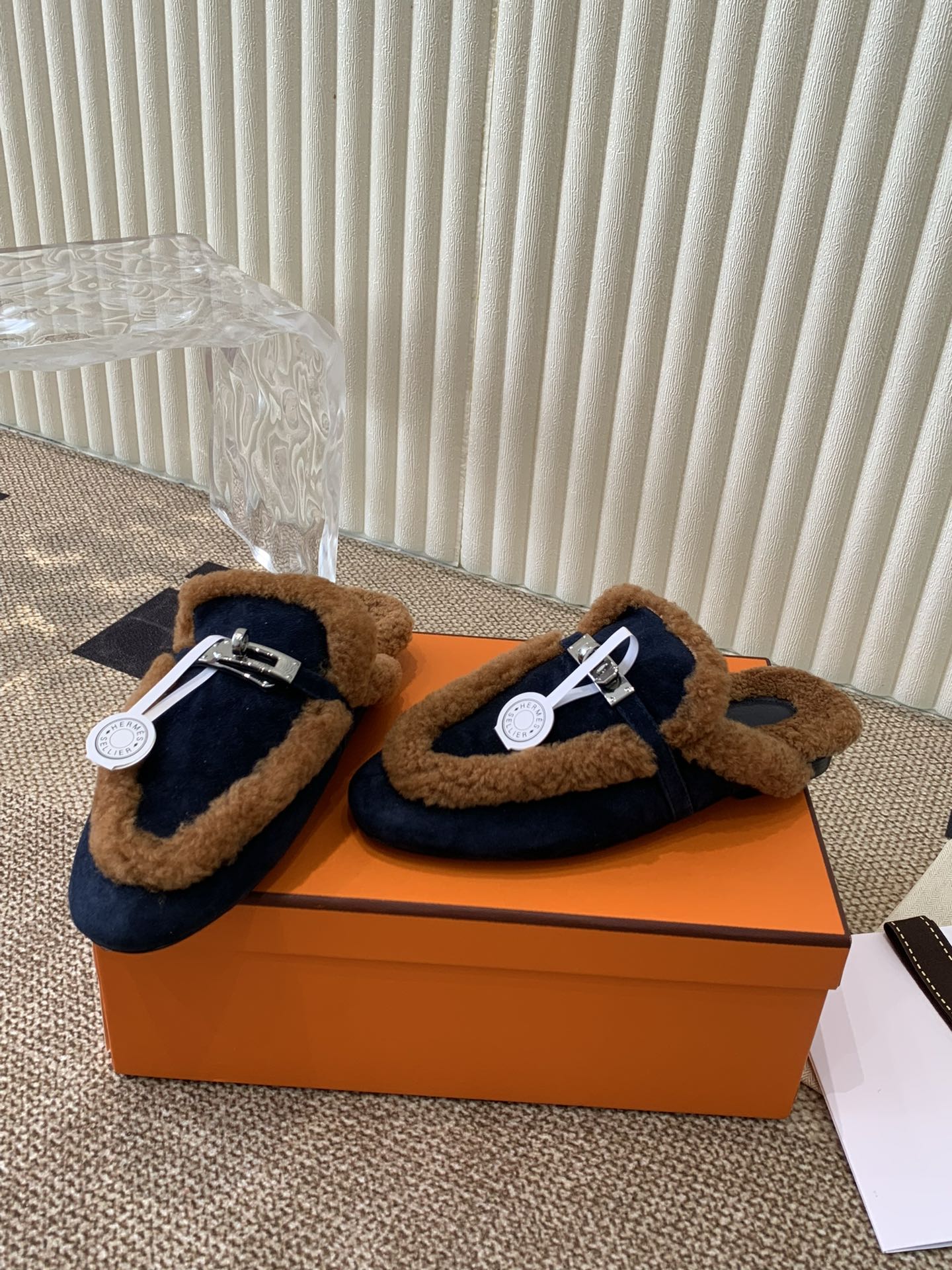 HM Oz Mule In Navy Blue mix Brown Suede Lined With Wool Fleece 113195