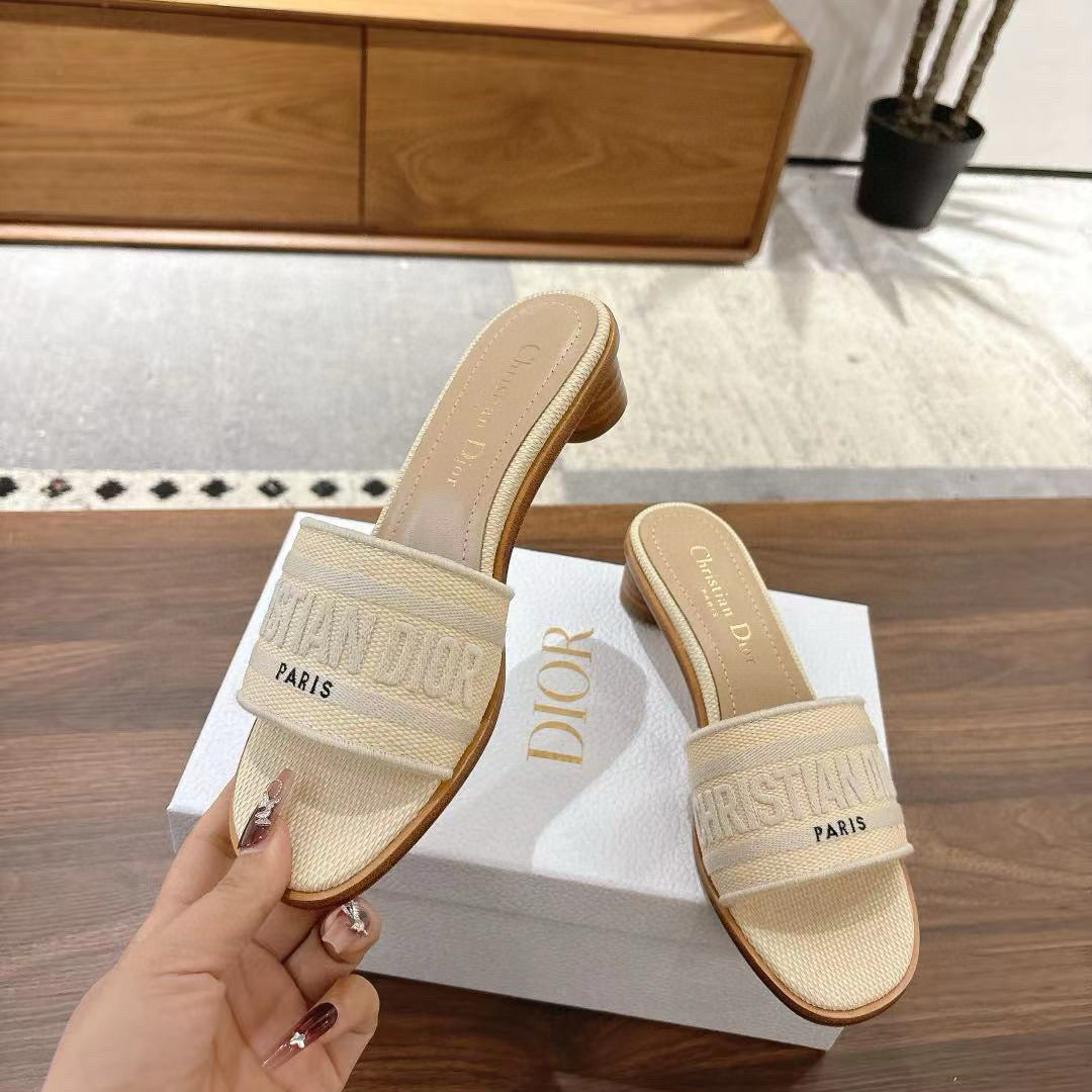 CD 26s Embroidered Sandals Beige Canvas Sheepskin 664323