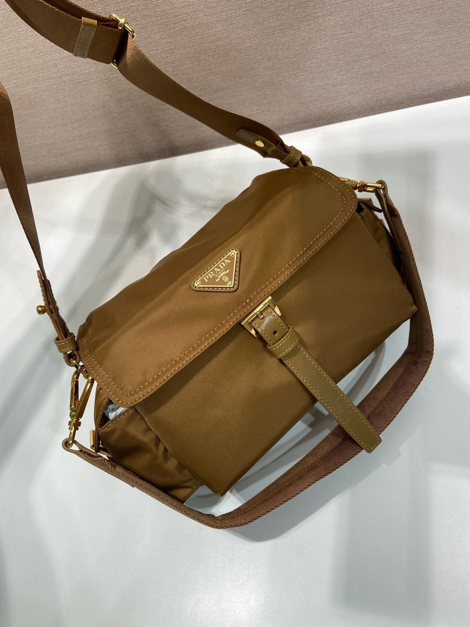 PRA Shoulder Bag Brown Re-Nylon and Saffiano Leather