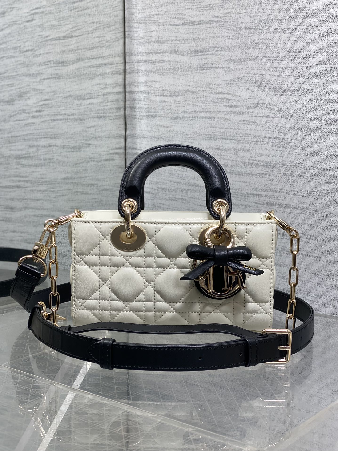Dior 2026 Bow D-Joy Micro Bag White Black Lambskin 284127