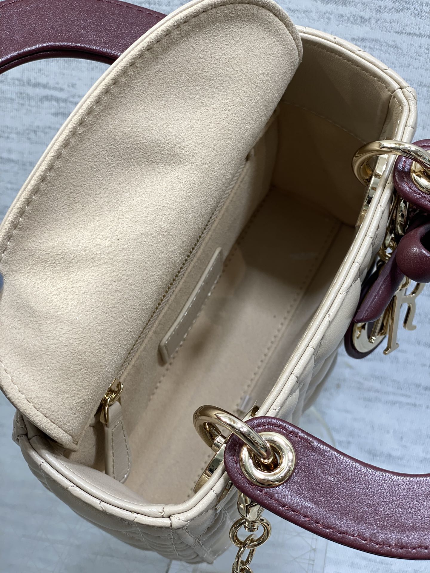 Dior 2026 Bow Lady Dior 17cm Beige Burgundy Lambskin 286583