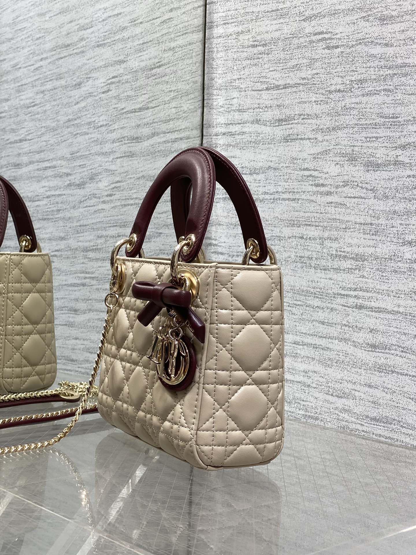 Dior 2026 Bow Lady Dior 17cm Beige Burgundy Lambskin 286583