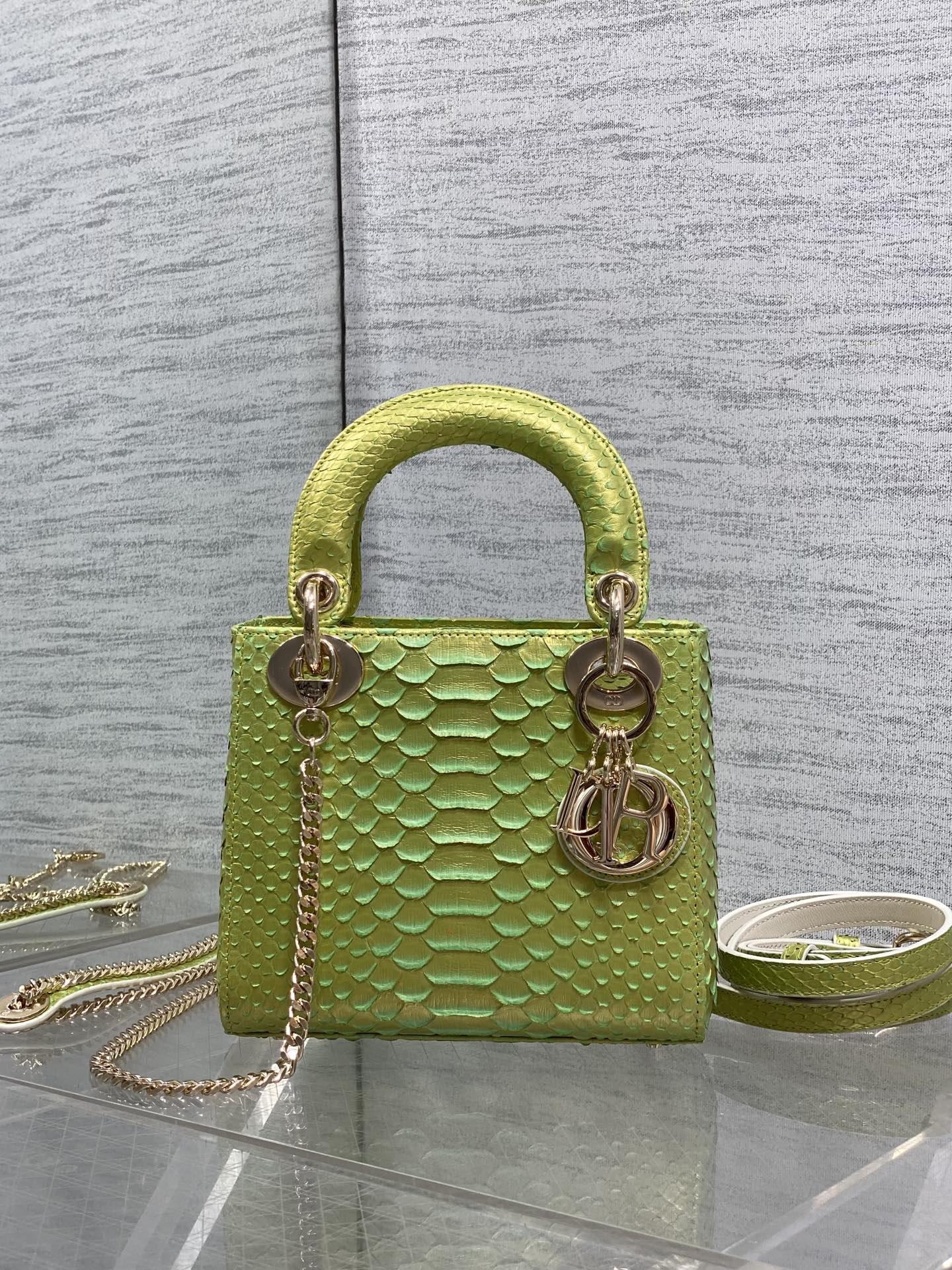 Dior 2026 Lady Embossed Snake Skin Bag 17cm Green Leather 378810