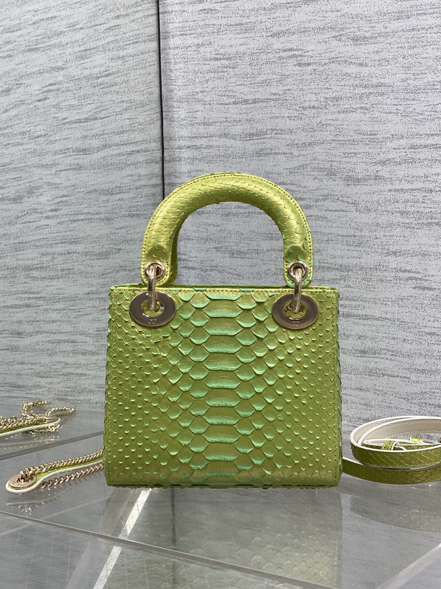 Dior 2026 Lady Embossed Snake Skin Bag 17cm Green Leather 378810