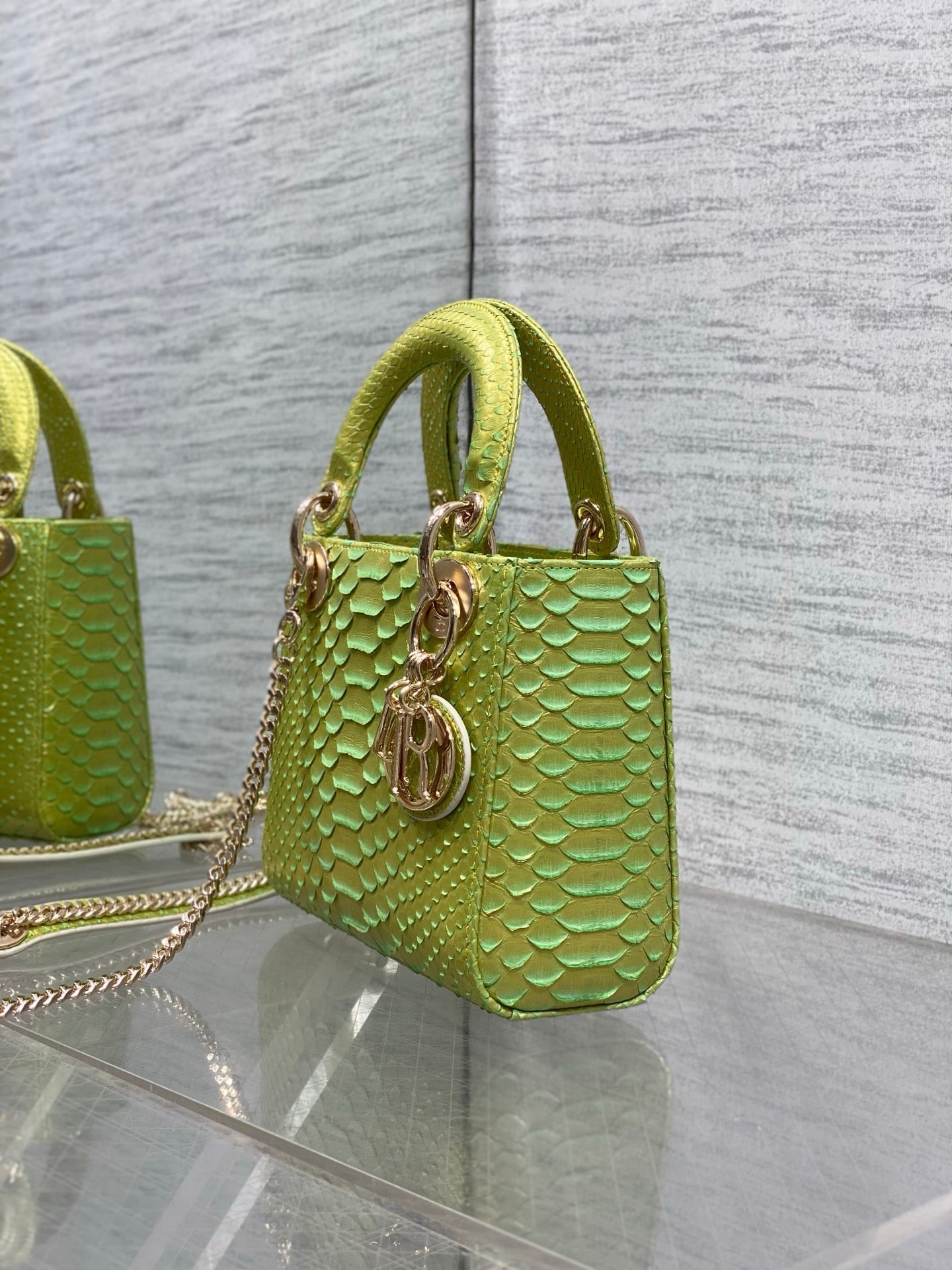 Dior 2026 Lady Embossed Snake Skin Bag 17cm Green Leather 378810