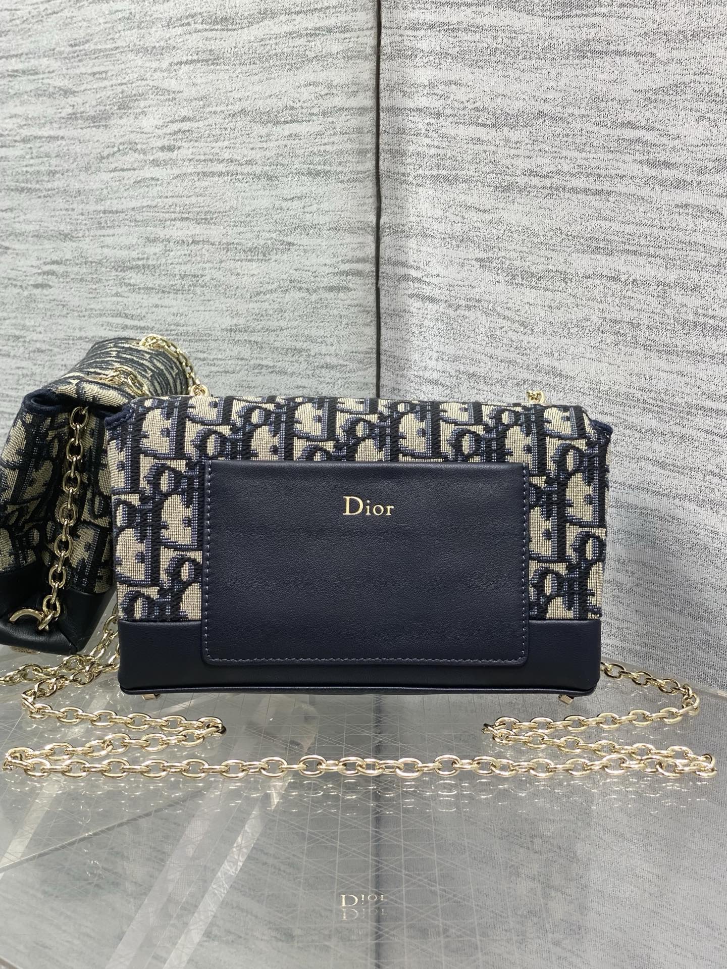 Dior 2026 Oblique Bow Bag 21cm Blue Beige Fabric Leather 378809