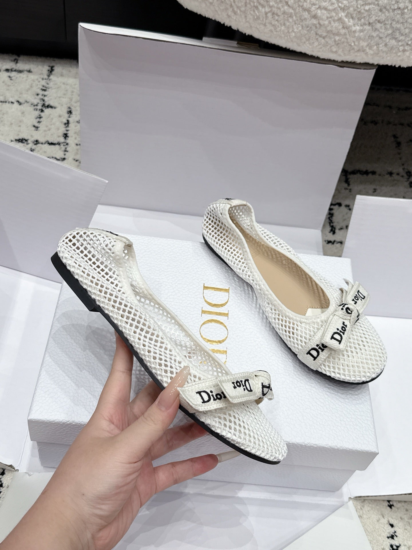 Dior 2026 Embroidered Webbing Ballet Flats Mesh Leather 923144