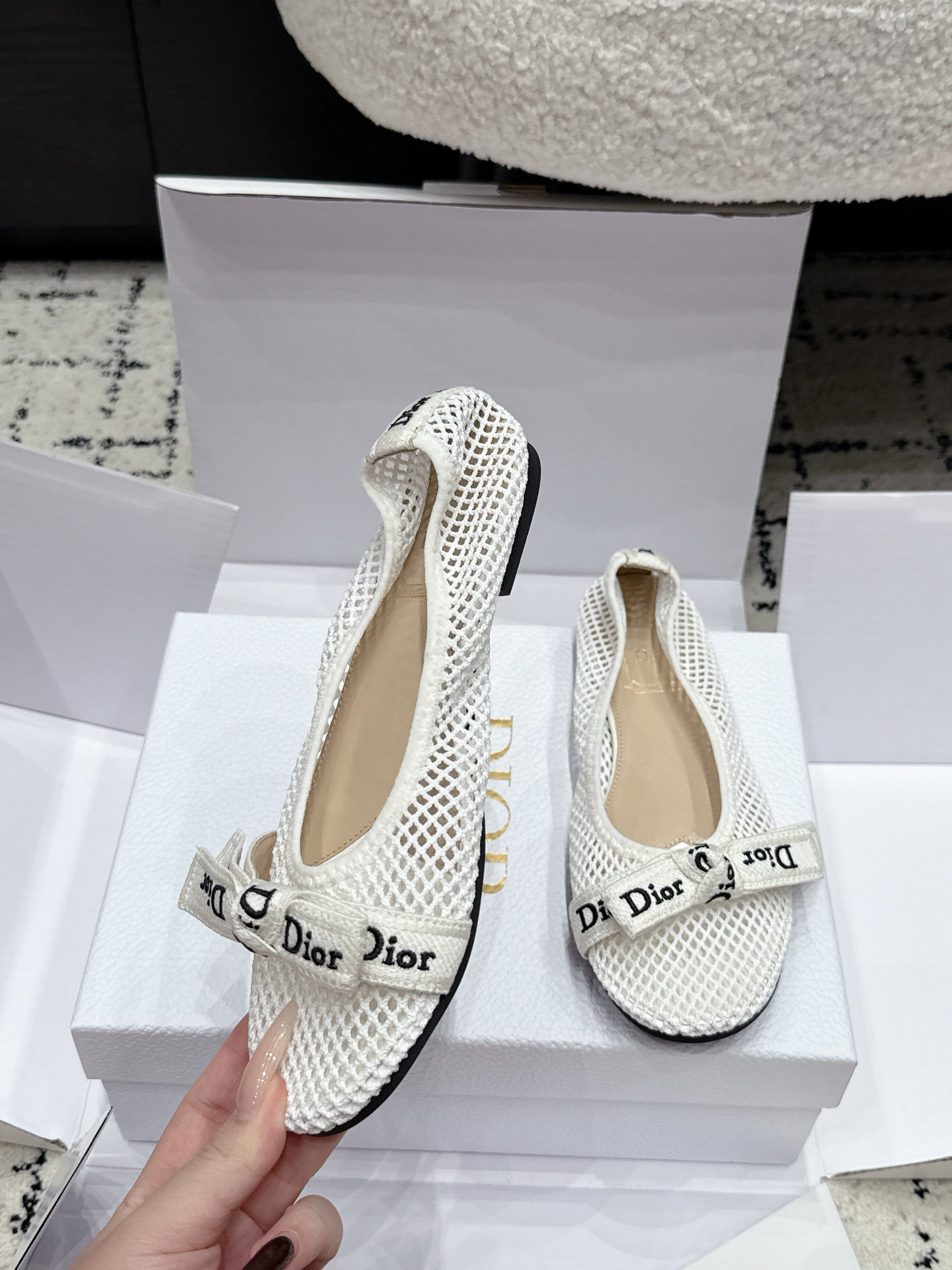Dior 2026 Embroidered Webbing Ballet Flats Mesh Leather 923144
