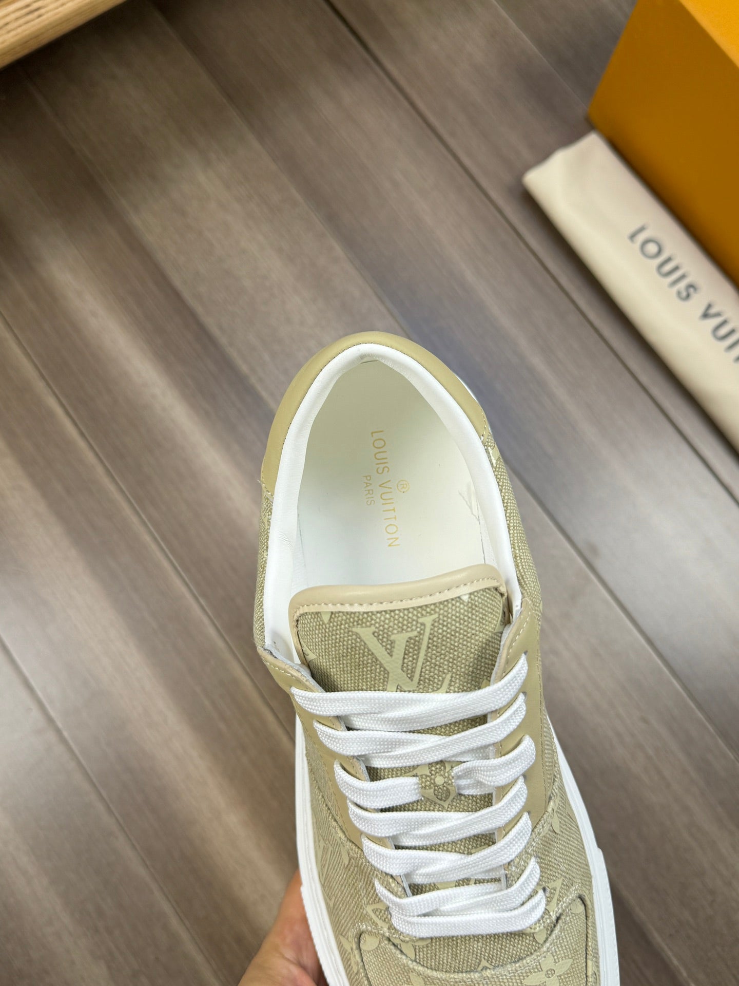 LV TRAINER SNEAKER IN OLIVE YELLOW MONOGRAM DENIM