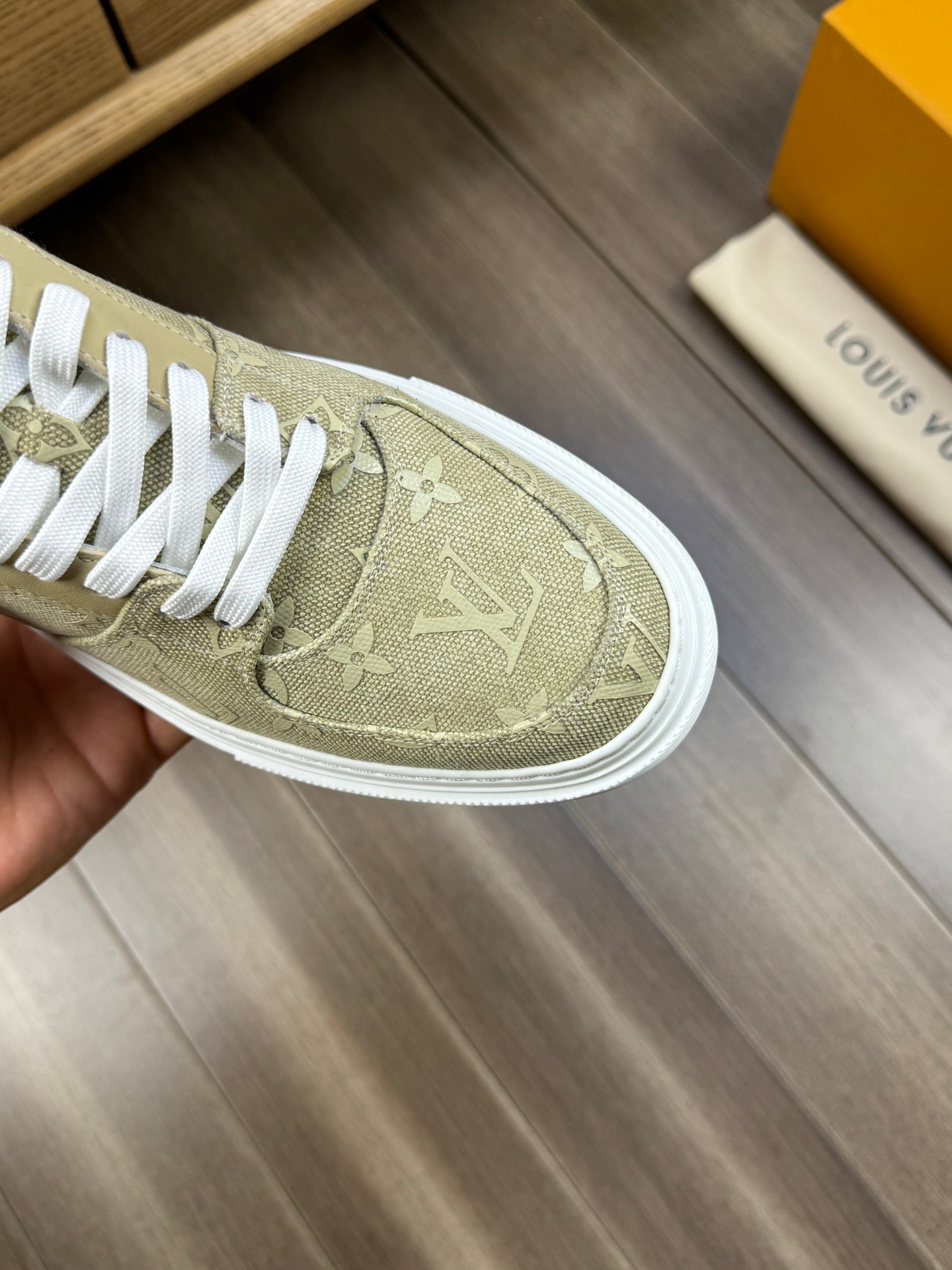 LV TRAINER SNEAKER IN OLIVE YELLOW MONOGRAM DENIM