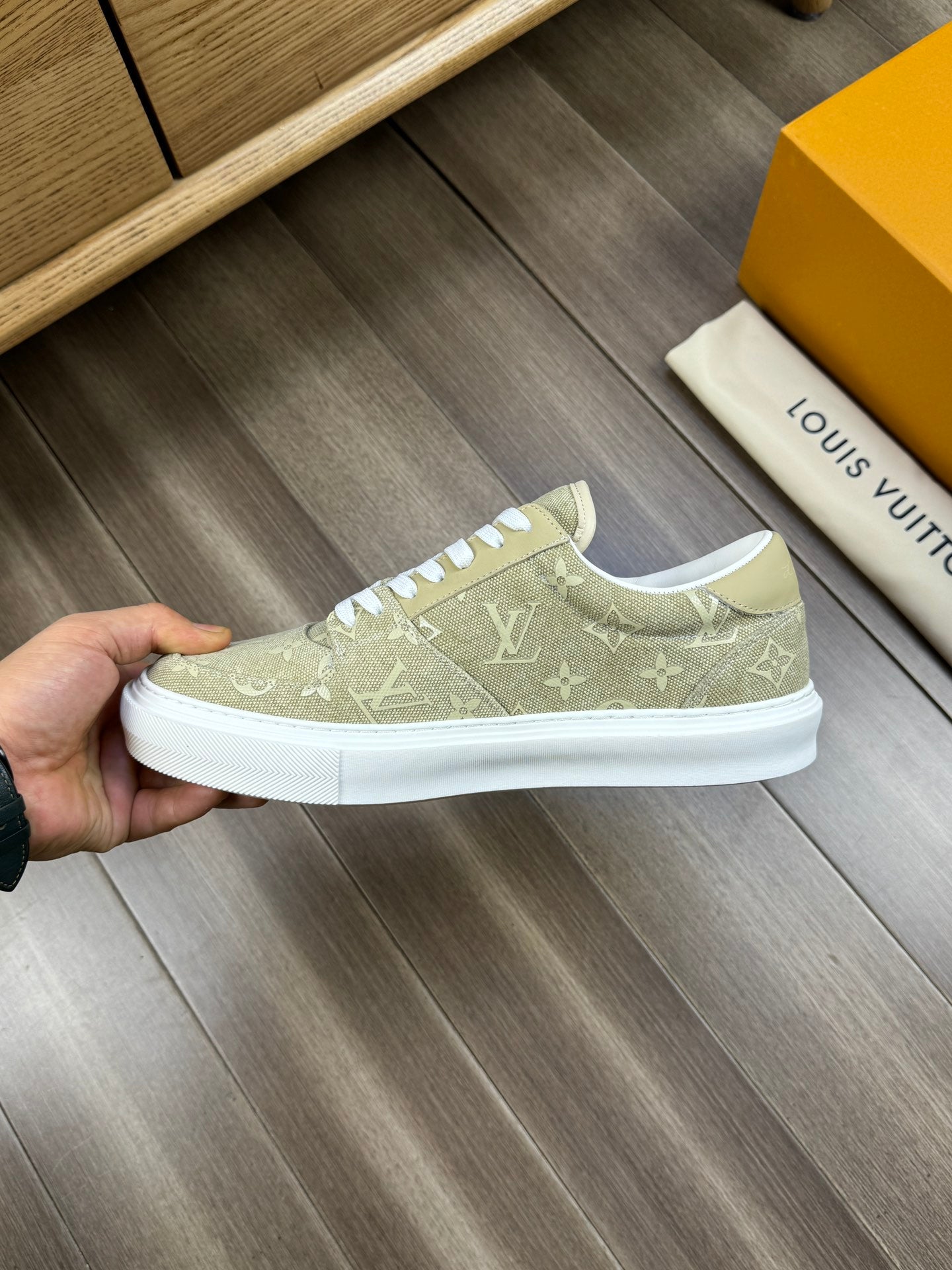 LV TRAINER SNEAKER IN OLIVE YELLOW MONOGRAM DENIM