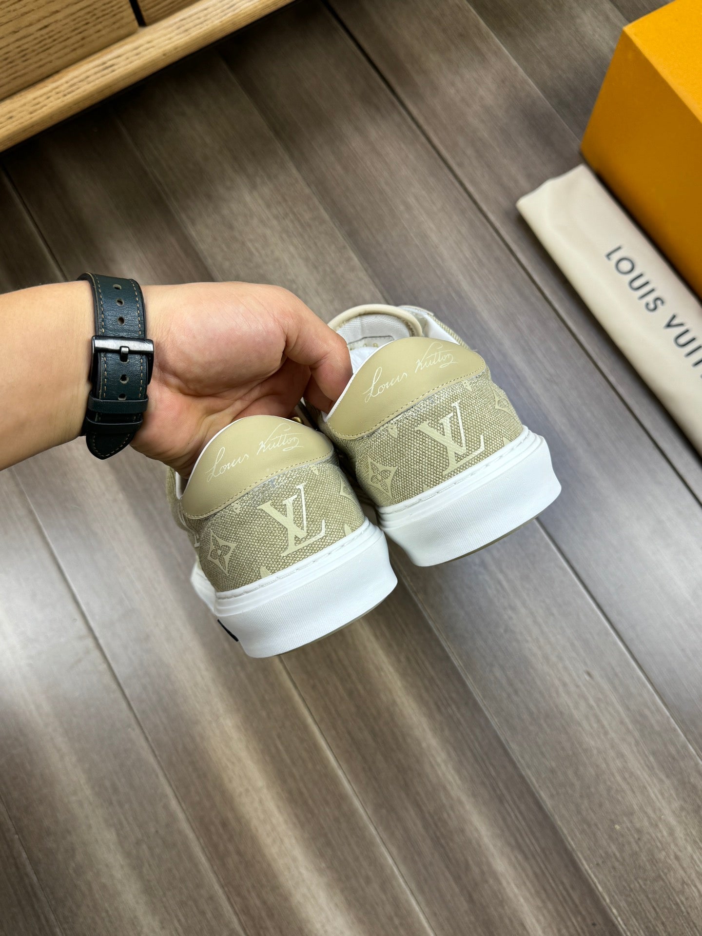 LV TRAINER SNEAKER IN OLIVE YELLOW MONOGRAM DENIM