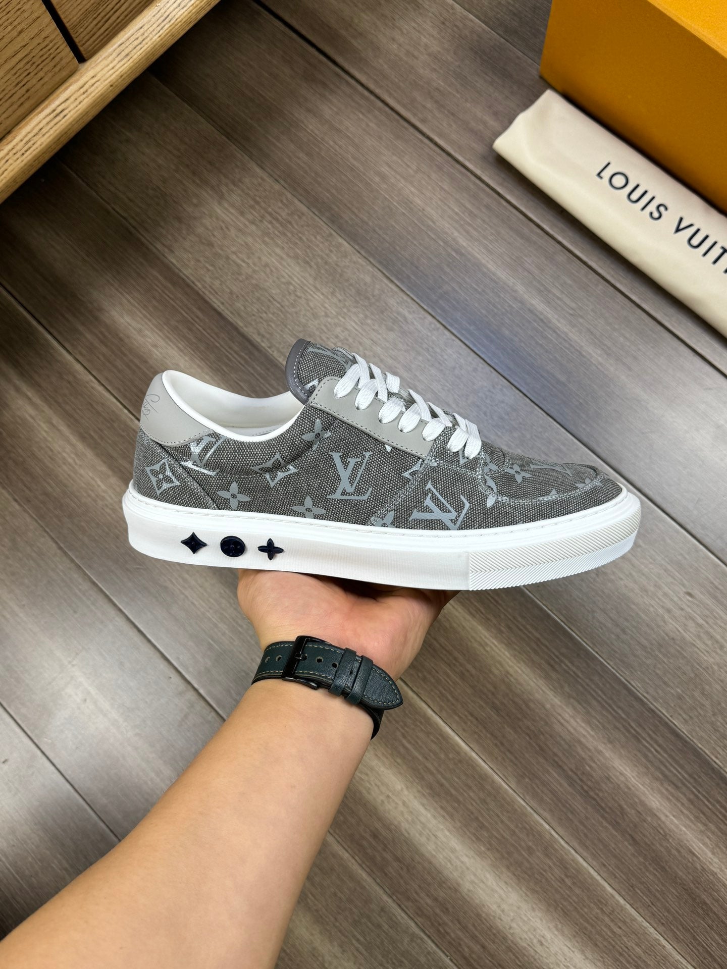 LV TRAINER SNEAKER IN ASH GREY MONOGRAM DENIM
