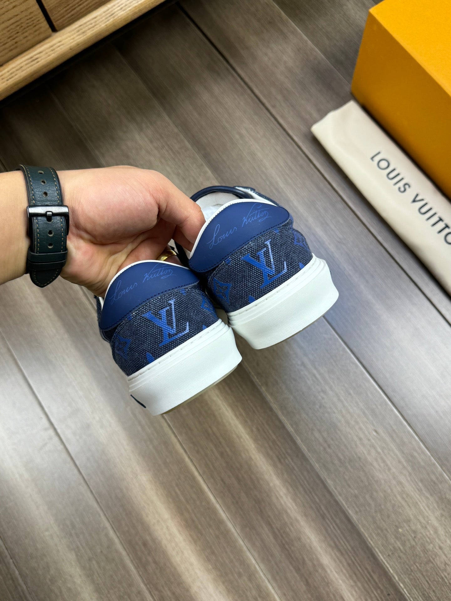 LV TRAINER SNEAKER IN BLACK MIX COBALT BLUE DENIM