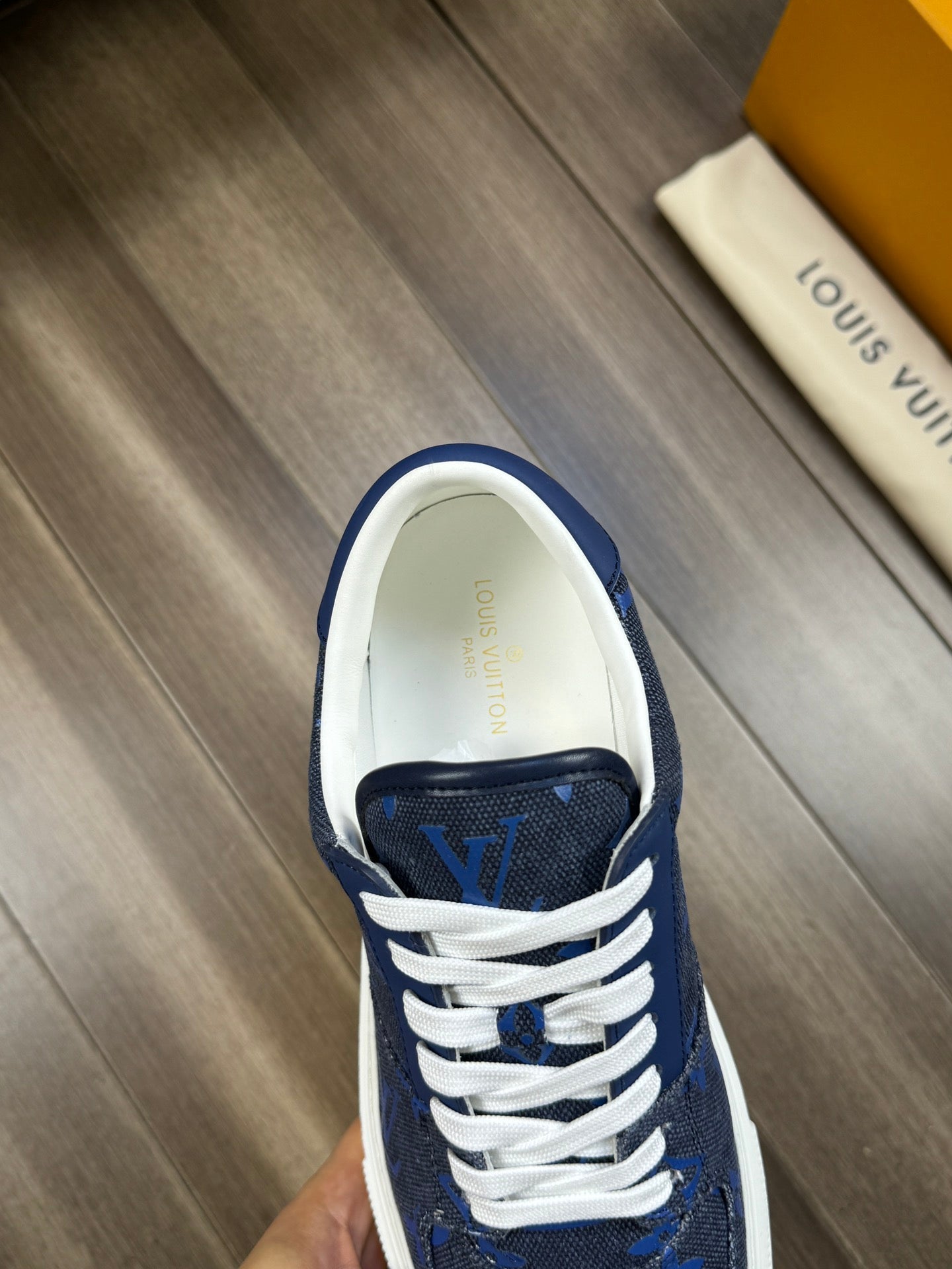LV TRAINER SNEAKER IN BLACK AND BLUE MONOGRAM DENIM