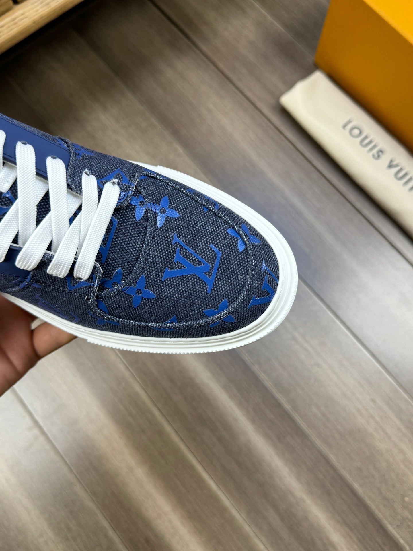 LV TRAINER SNEAKER IN BLACK MIX COBALT BLUE DENIM