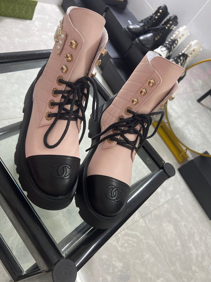 CC Combat Boots Pastel Pink Black Quilted Lambskin 944573