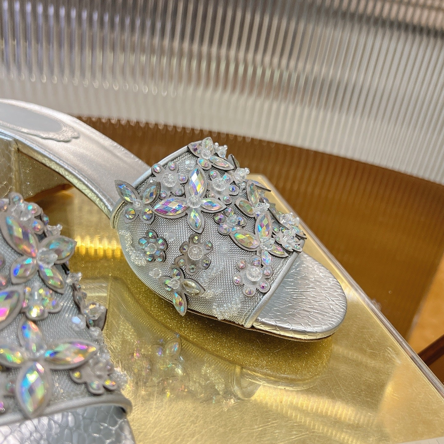 RC 25 Butterfly Flower Rhinestone Satin Sandals Silver Sheepskin 242919