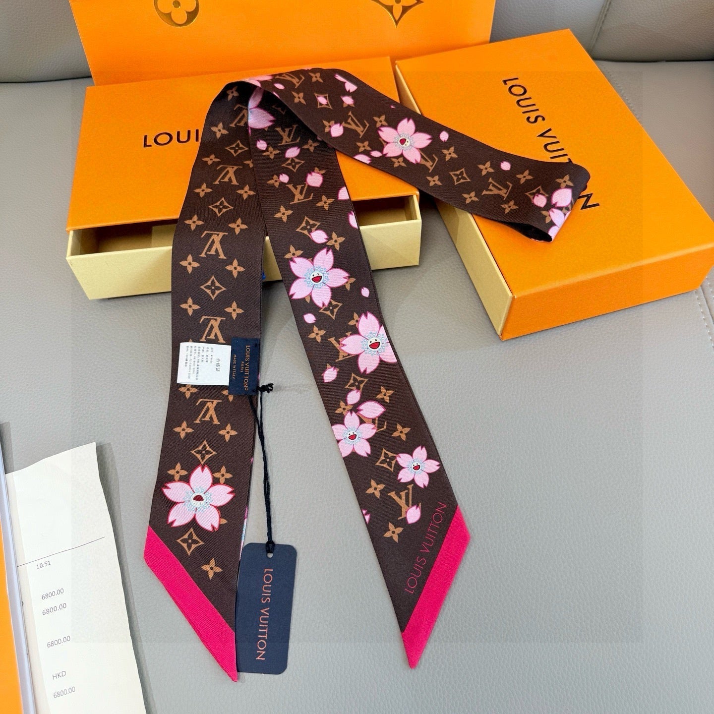 LV Twilly Scarf 120cm Brown Colorful Silk 965655