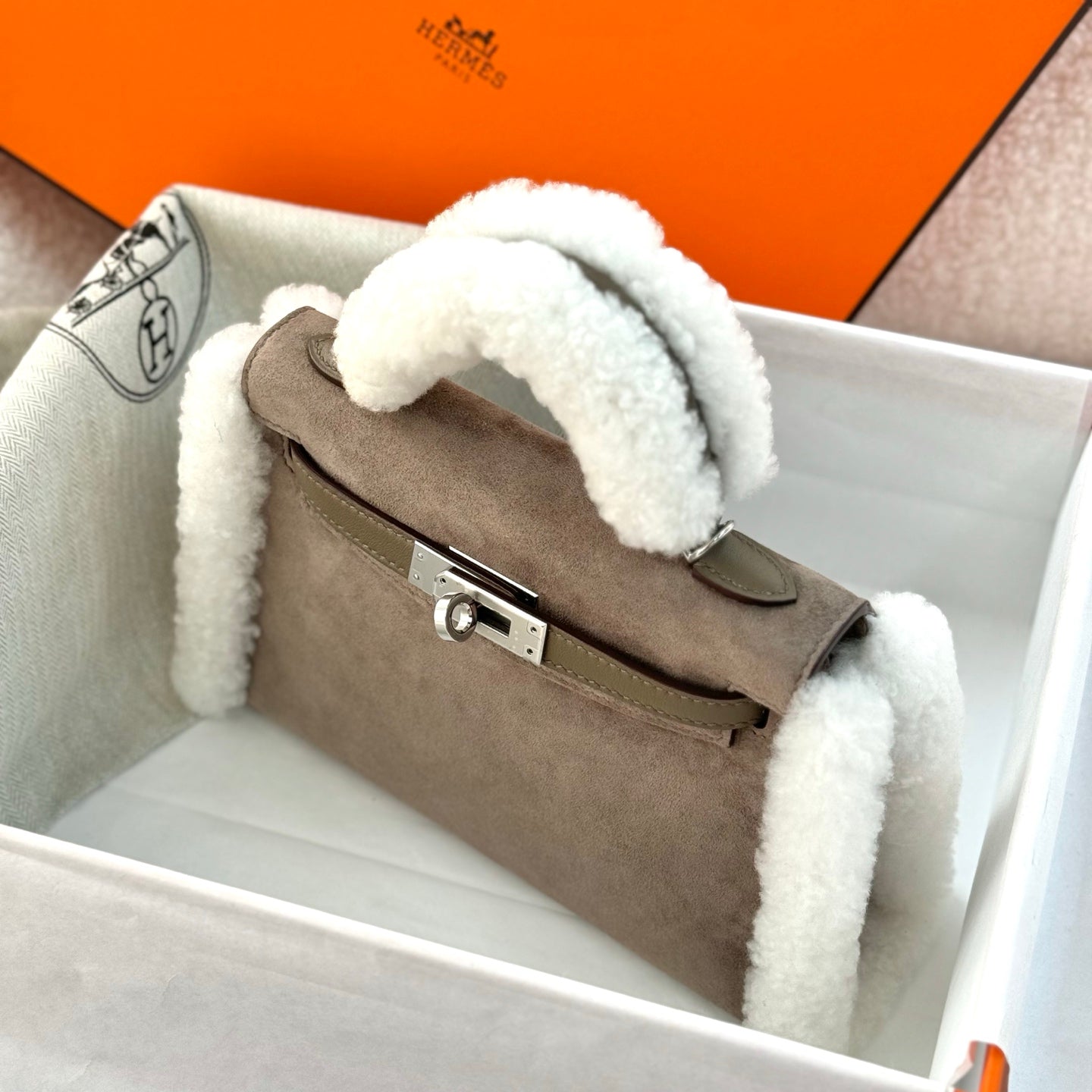 Hermes 2026 Mini Kelly Bag Etoupe Suede Wool 284469