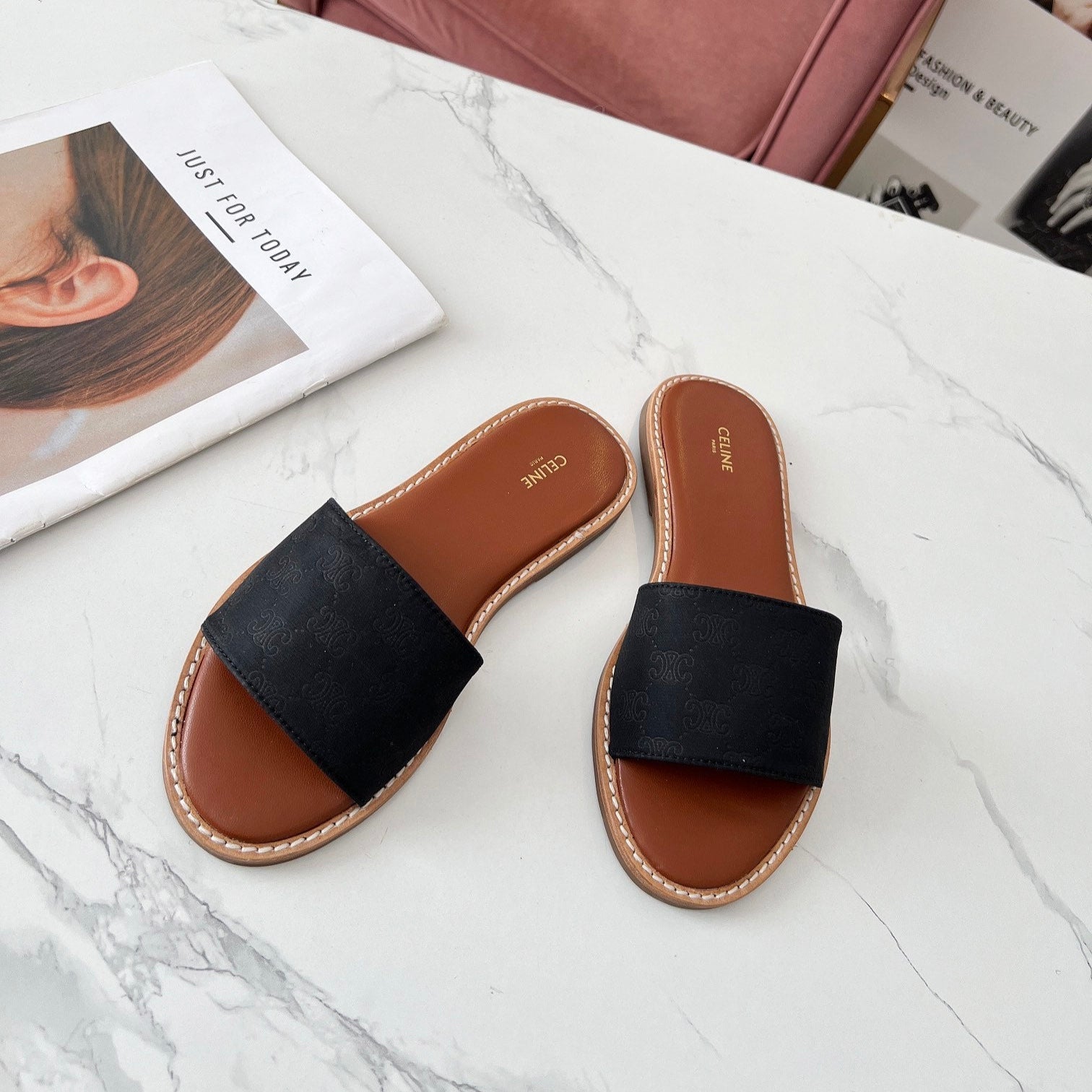 Celine 25C Slippers Black Monagram Silk with Calfskin 238147