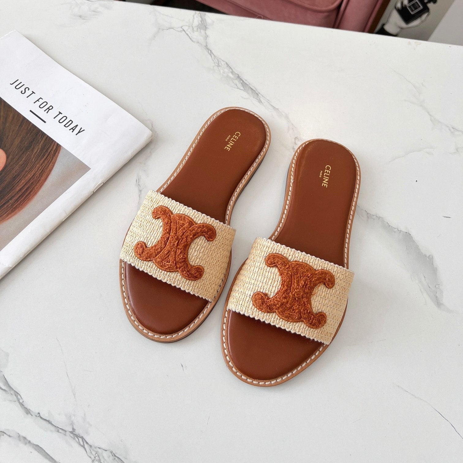 Celine 25C Slippers Beige mix Brown Fabric with Calfskin 238152