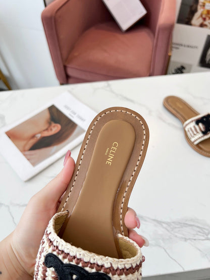 Celine 25C Slippers Beige mix Black Fabric with Calfskin 238158