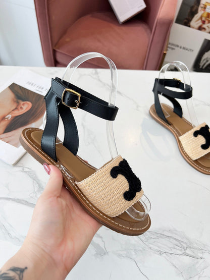Celine 25C Lympia Sandal Beige mix Black Fabric with Calfskin 238163