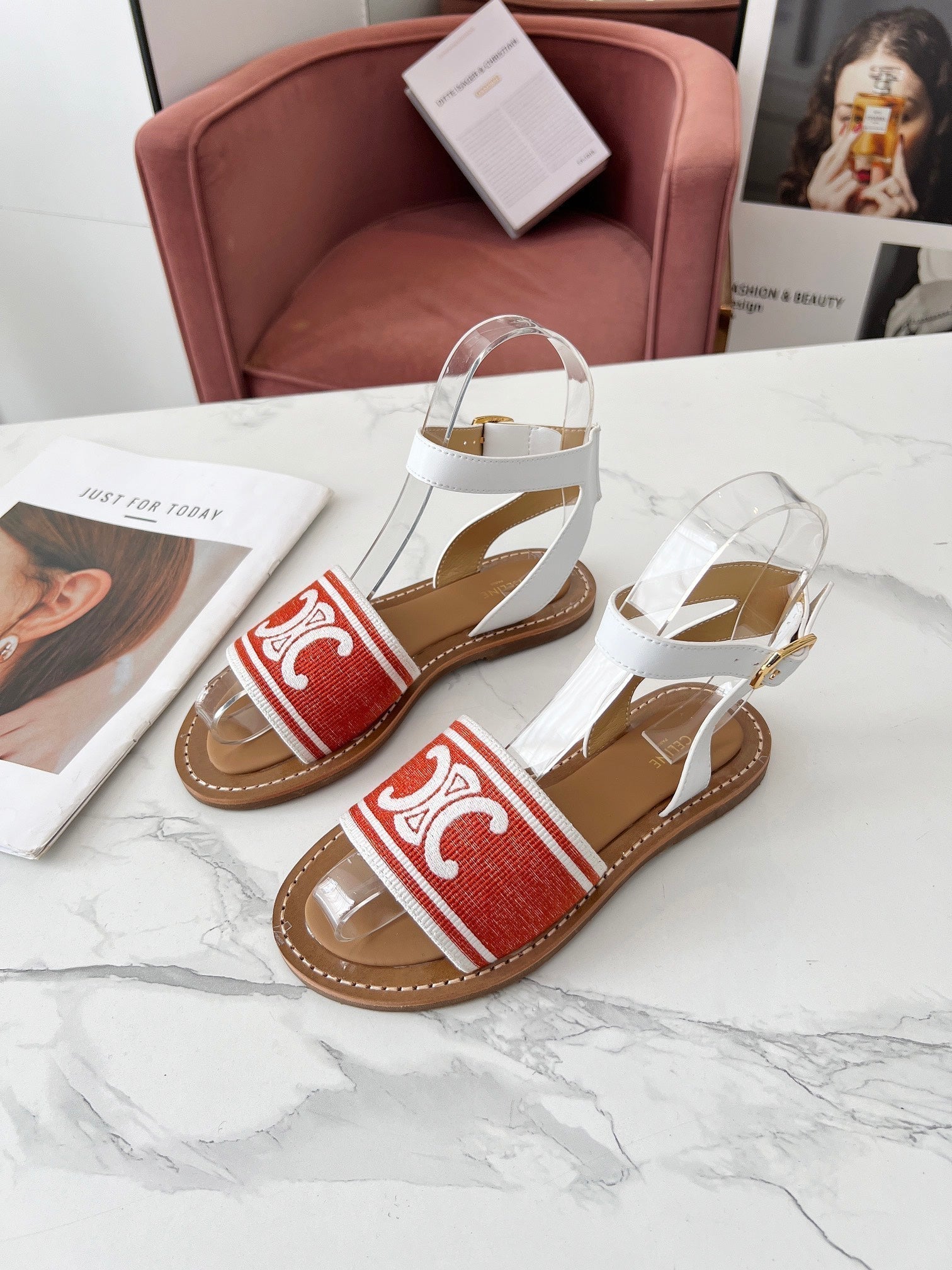 Celine 25C Lympia Sandal Red mix White Canvas with Calfskin 238173