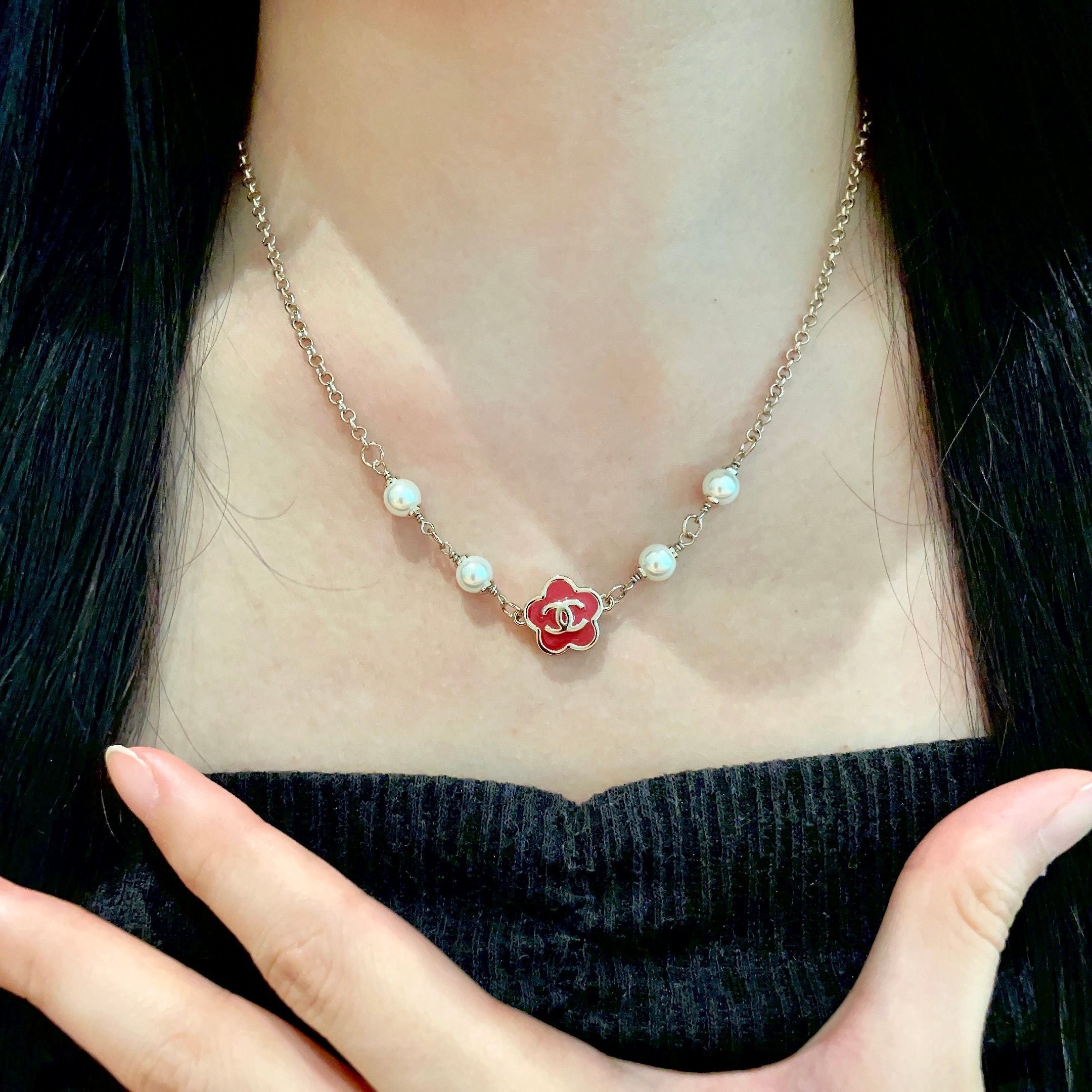 CC Flower Vintage Red Pearl Gold Necklaces
