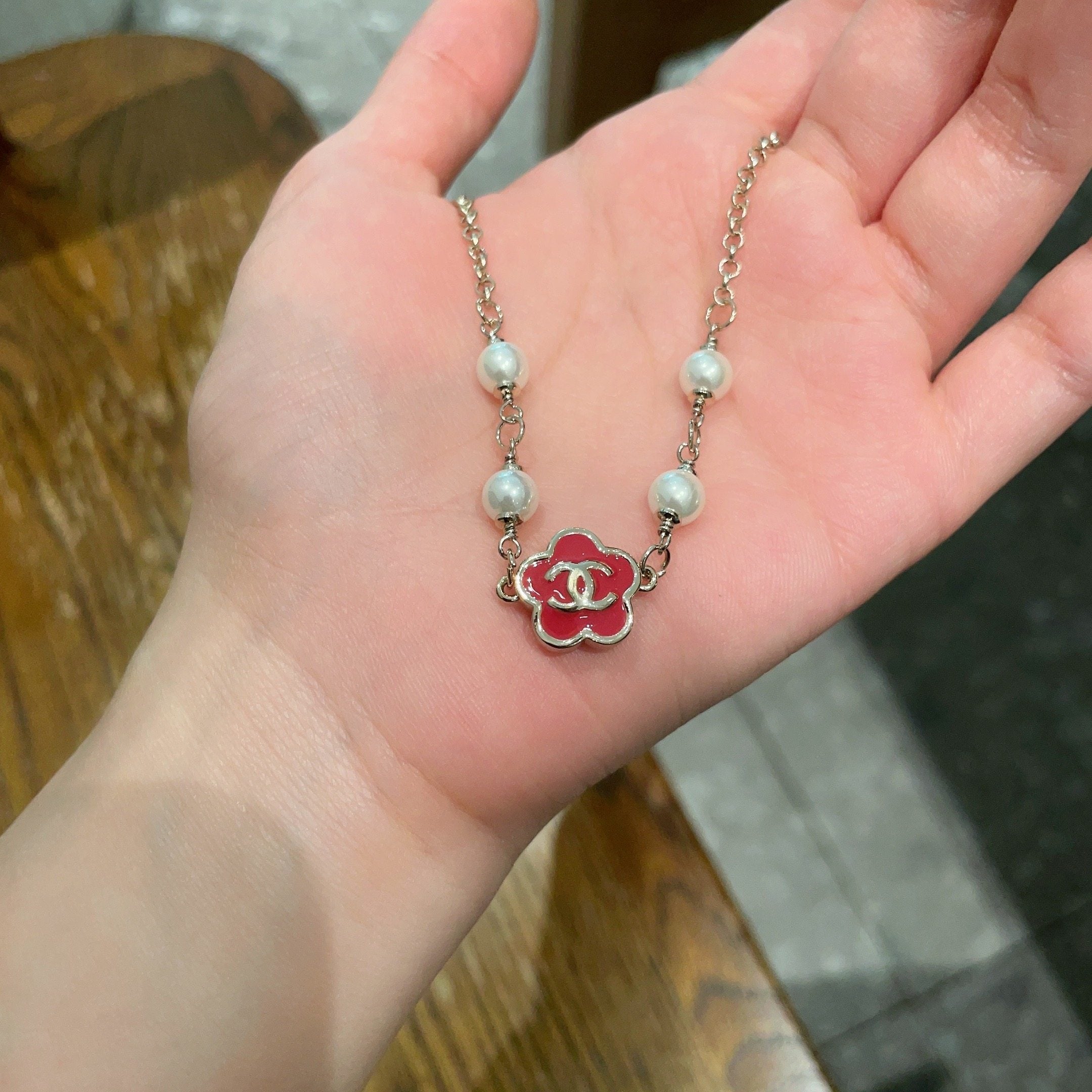 CC Flower Vintage Red Pearl Gold Necklaces