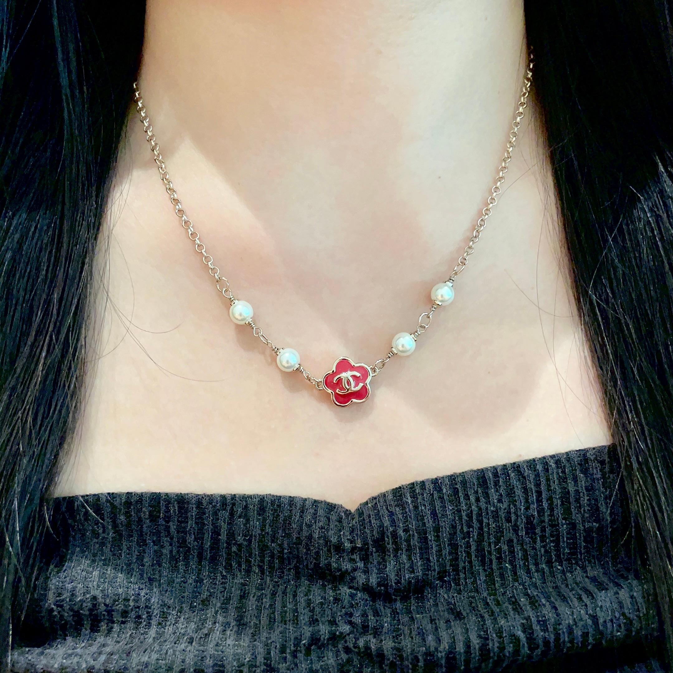 CC Flower Vintage Red Pearl Gold Necklaces